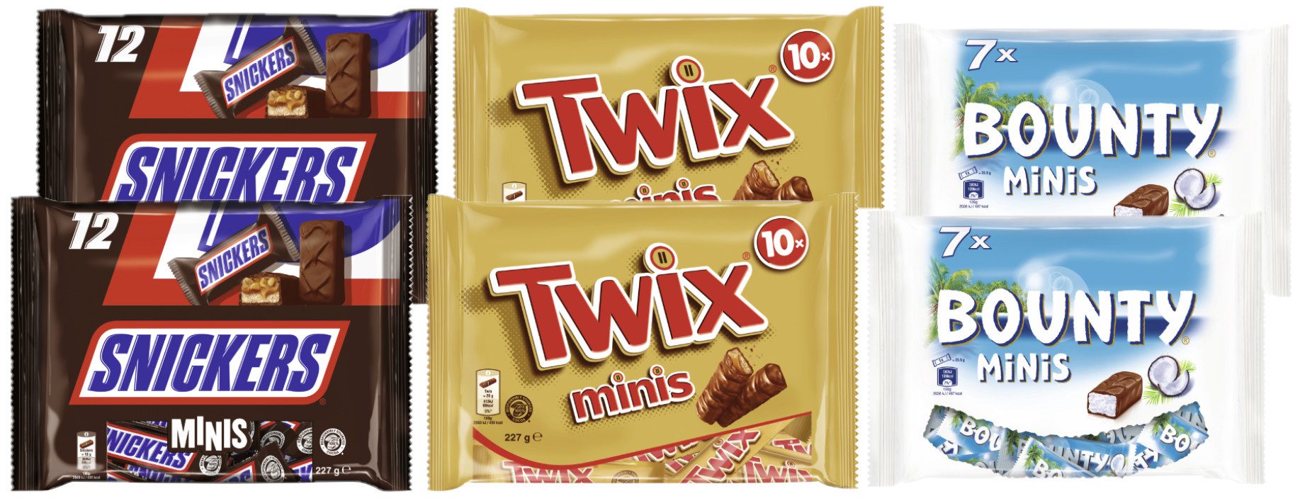 Snickers Süßigkeit Schokoriegel Minis Mix 1362g, 2x Snickers, 2x Twix, 2x Bounty