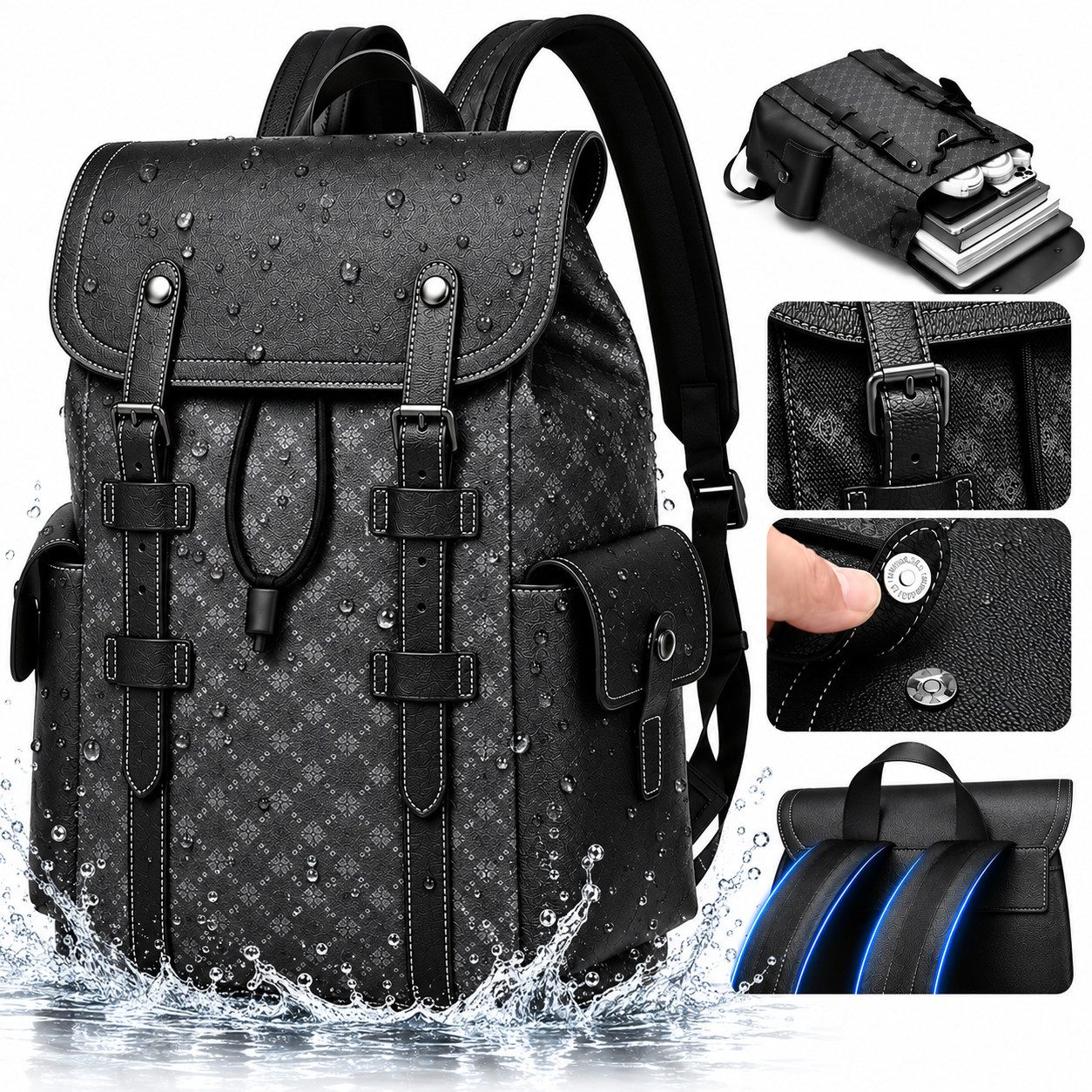 Forrlite Rucksack Rucksack Herren,Schulrucksack,Groß Laptop Rucksack Damen 15,6 Zoll (Schulrucksack Teenager Wasserabweisend, Laptop Rucksack mit Anti Diebstahl, Reiserucksack für Uni Büro Reisen, Freizeitrucksack für Damen und Herren aus PVC-Material mit Klappe, Laptoprucksack mit Fach für 15,6 Zoll Notebook, vielseitiger City- & Arbeitsrucksack Daypack für Uni, Radfahren, Einkauf und Kurzreisen, wasserabweisend, Schwarz)