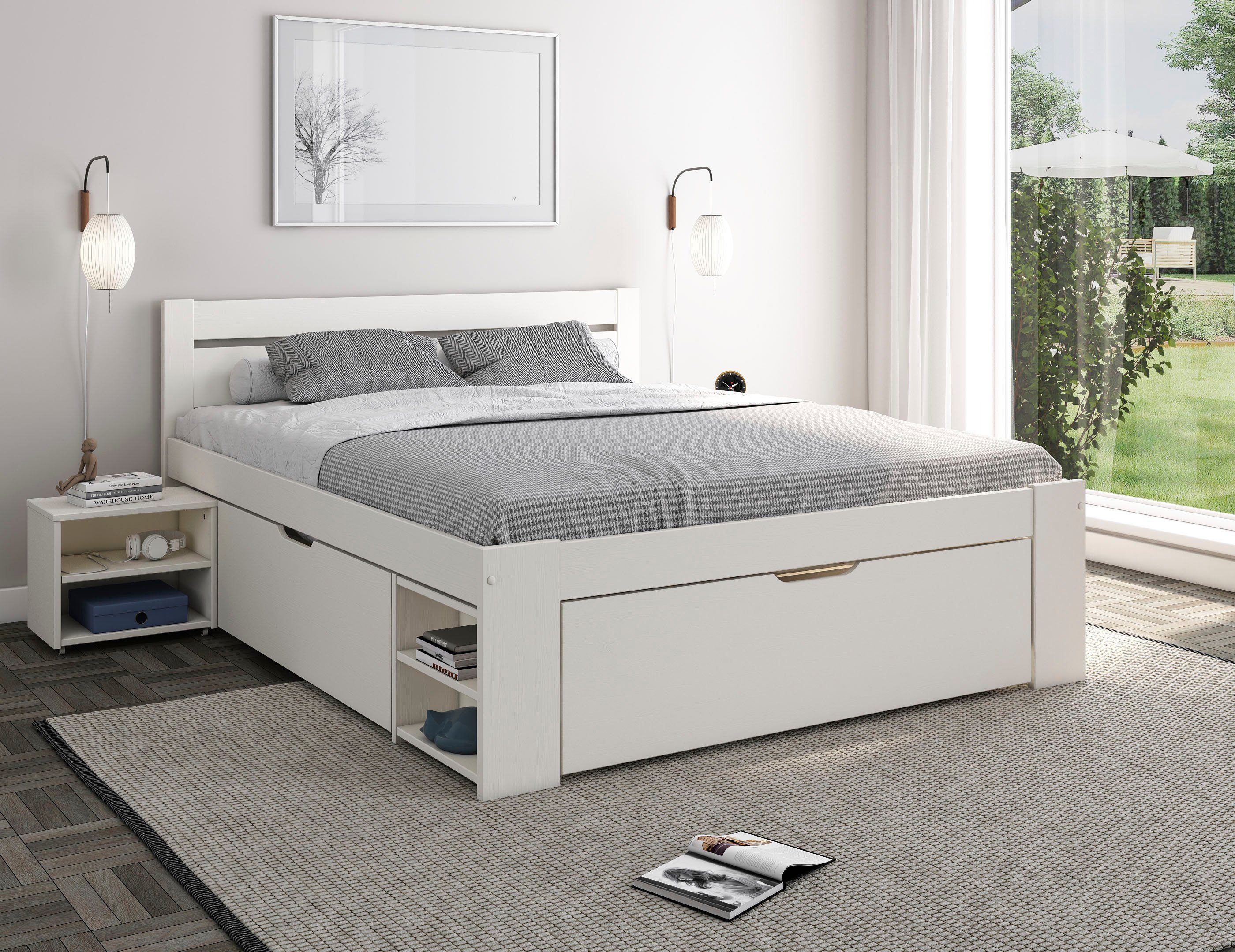 OTTO home Massivholzbett "HANNES " mit Schubladen und Regalen, Nachtschrank ausziehbar, stabil, FSC®-zertifiziertes Kiefernholz, ideal für kleine Räume