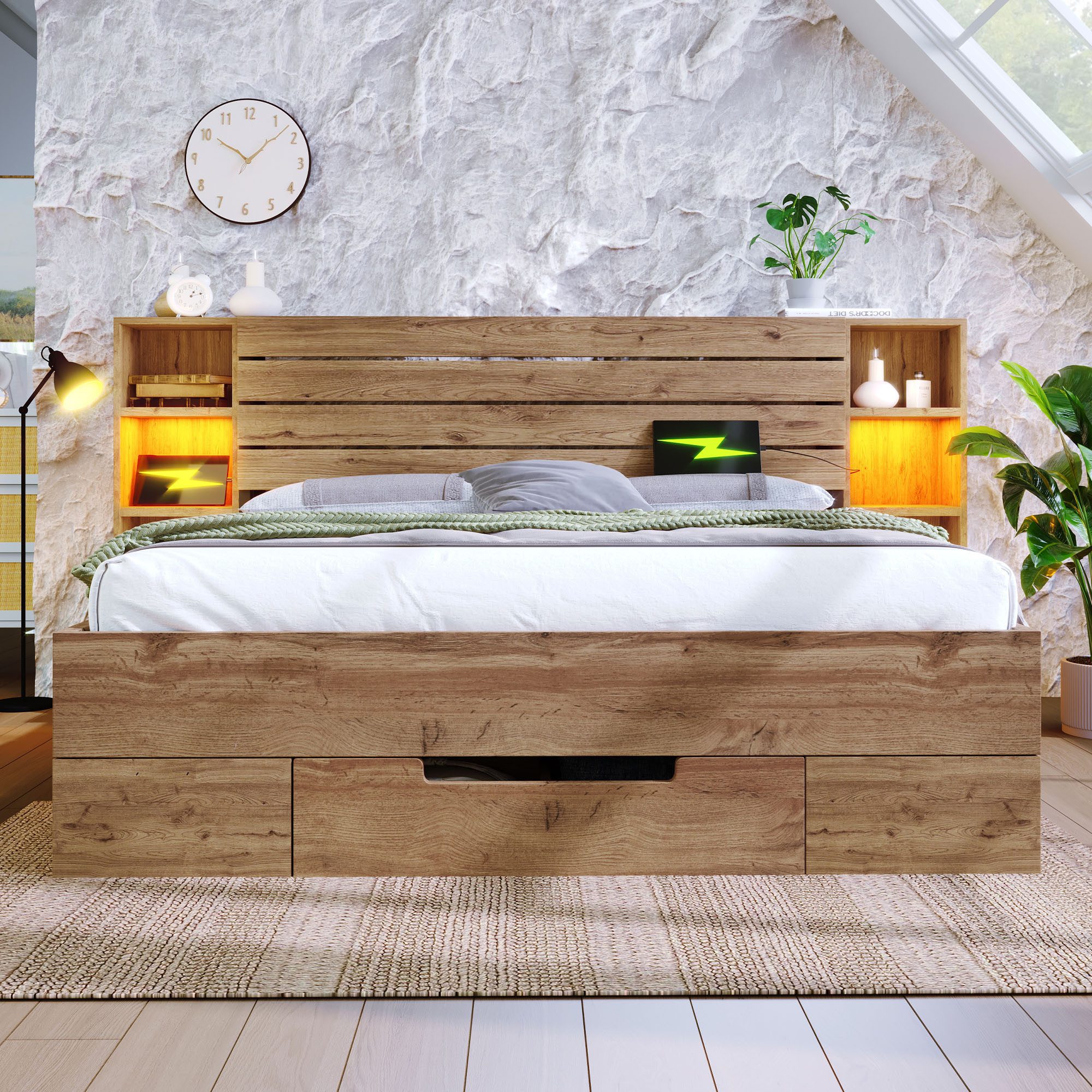 Flieks Holzbett, LED Doppelbett 160×200cm mit Aufladen, Stauraumfächer und Schubladen