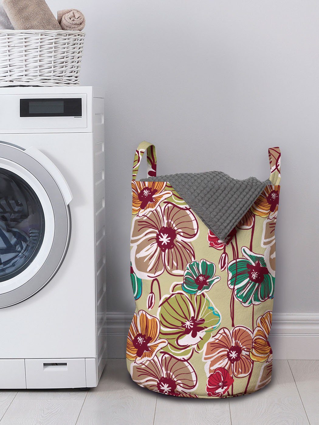 Abakuhaus Wäschesäckchen Wäschekorb mit Waschsalons, Erdfarben Griffen Mohnblumen für Bunte Kordelzugverschluss