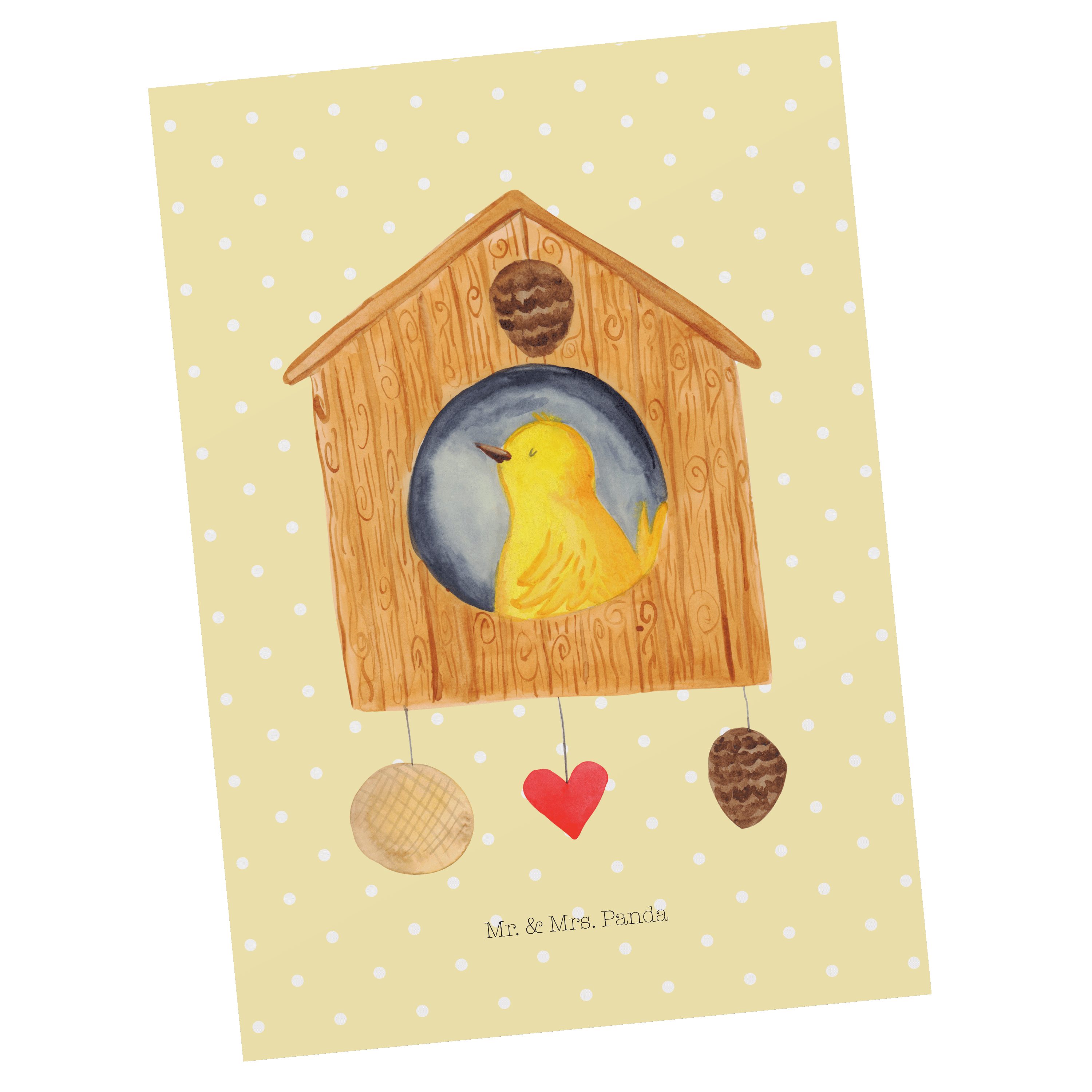 Mr. & Mrs. Panda Postkarte Vogelhaus sweet Home - Gelb Pastell - Geschenk, Ansichtskarte, Einlad