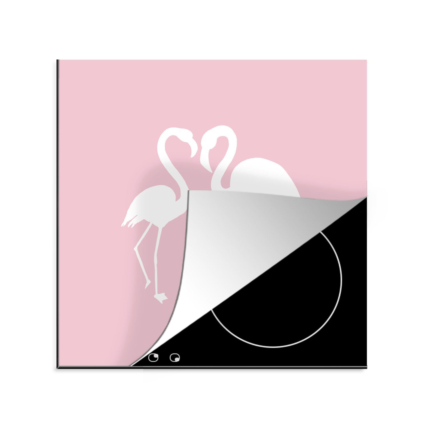 MuchoWow Herdblende-/Abdeckplatte Flamingo - Vogel - Weiß - Zeichnung, Vinyl, (1 tlg), 78x78 cm, Ceranfeldabdeckung, Arbeitsplatte für küche