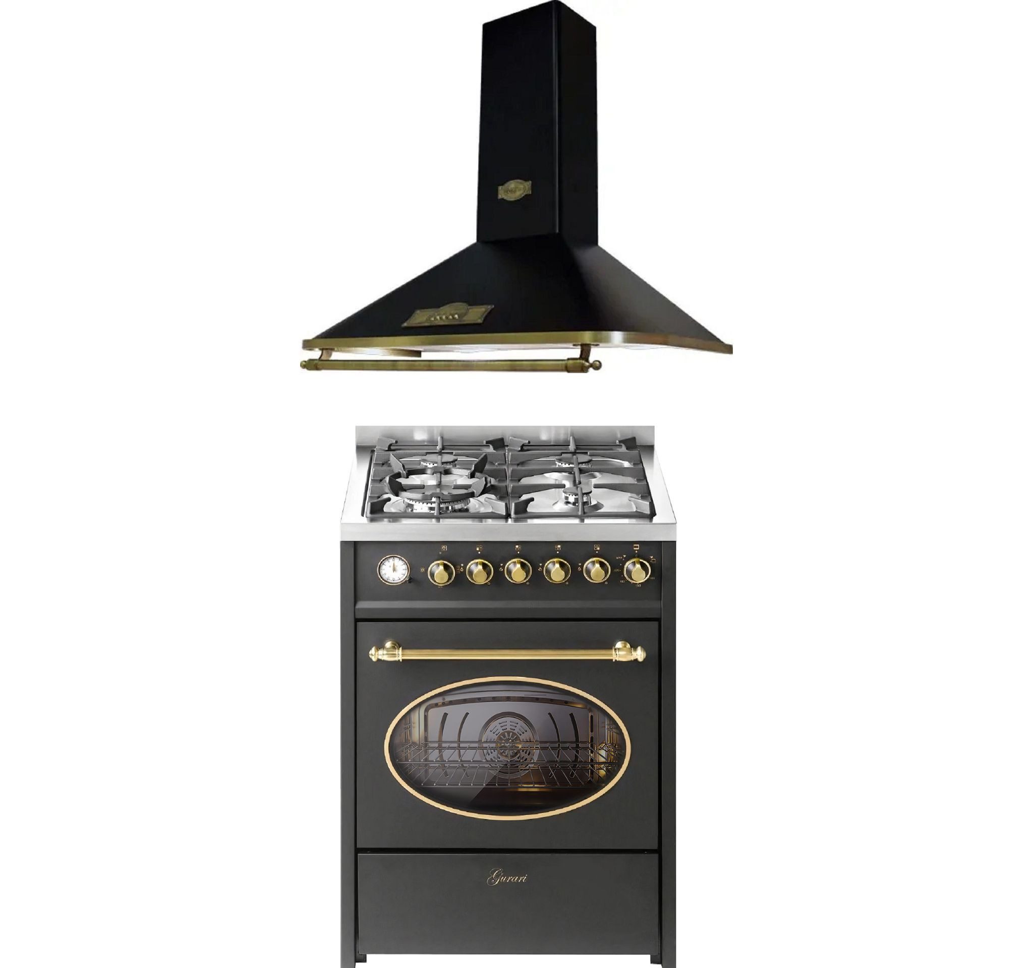 GURARI Gas-Standherd Retro Gas Elektro Standherd 60 cm Erdgas Fl.Gas 4 Kw WOK, 8 Funktionen+Dunstabzugshaube 60 cm 910 m³/h E 614 BL r+A 6315 Em, mit 1-fach-Teleskopauszug