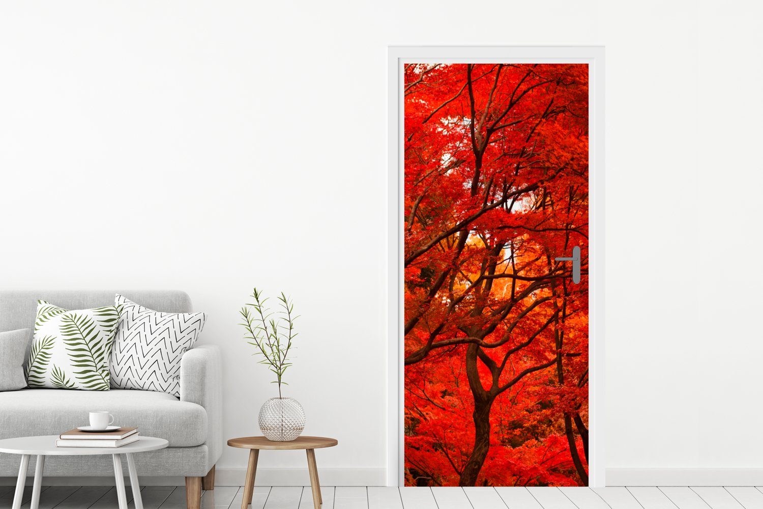 MuchoWow Türtapete bedruckt, Wald Türaufkleber, cm Matt, - 75x205 - Fototapete Tür, für Herbst St), Rot, (1