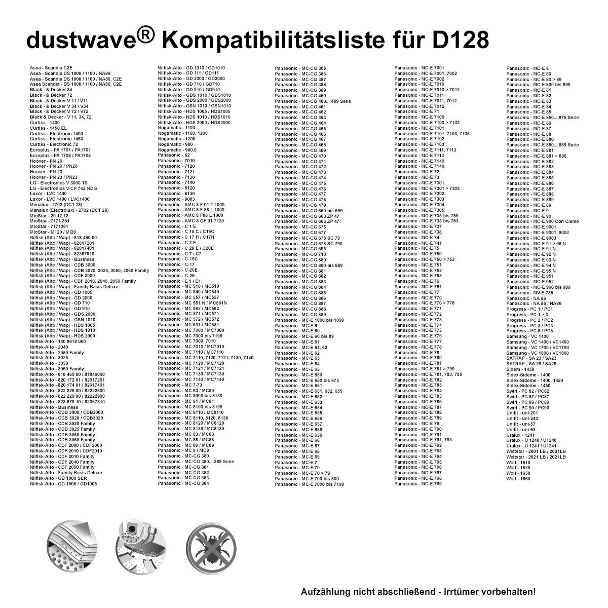 Staubsaugerbeutel - Staubsaugerbeutel für 15x15cm + Panasonic 1 zuschneidbar) (ca. 8110, 8120, MC 1 1 8130, passend Hepa-Filter St., Test-Set, Dustwave Test-Set,