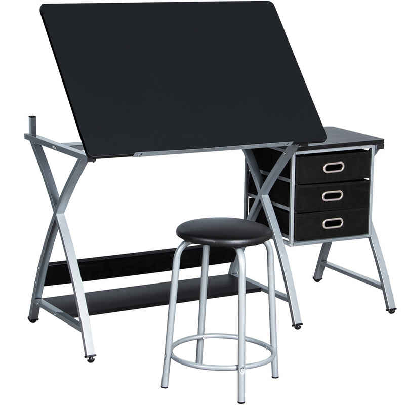 Yaheetech Zeichentisch, Schreibtisch mit Kippbarer Tischplatte, mit 3 Schubladen & 1 Hocker