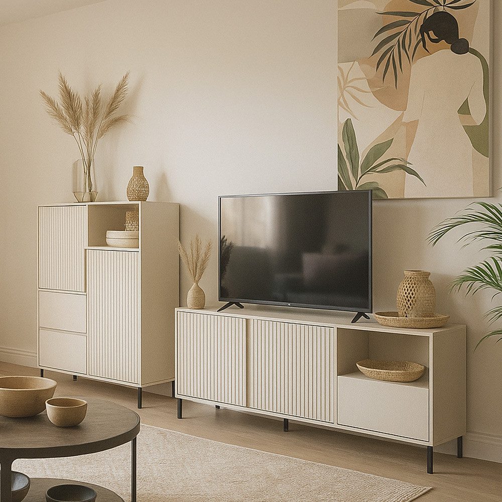 Lomadox Wohnwand AMELIA-129, (2-St., Highboard Lowboard), Highboard Lowboard Kaschmir Rillen