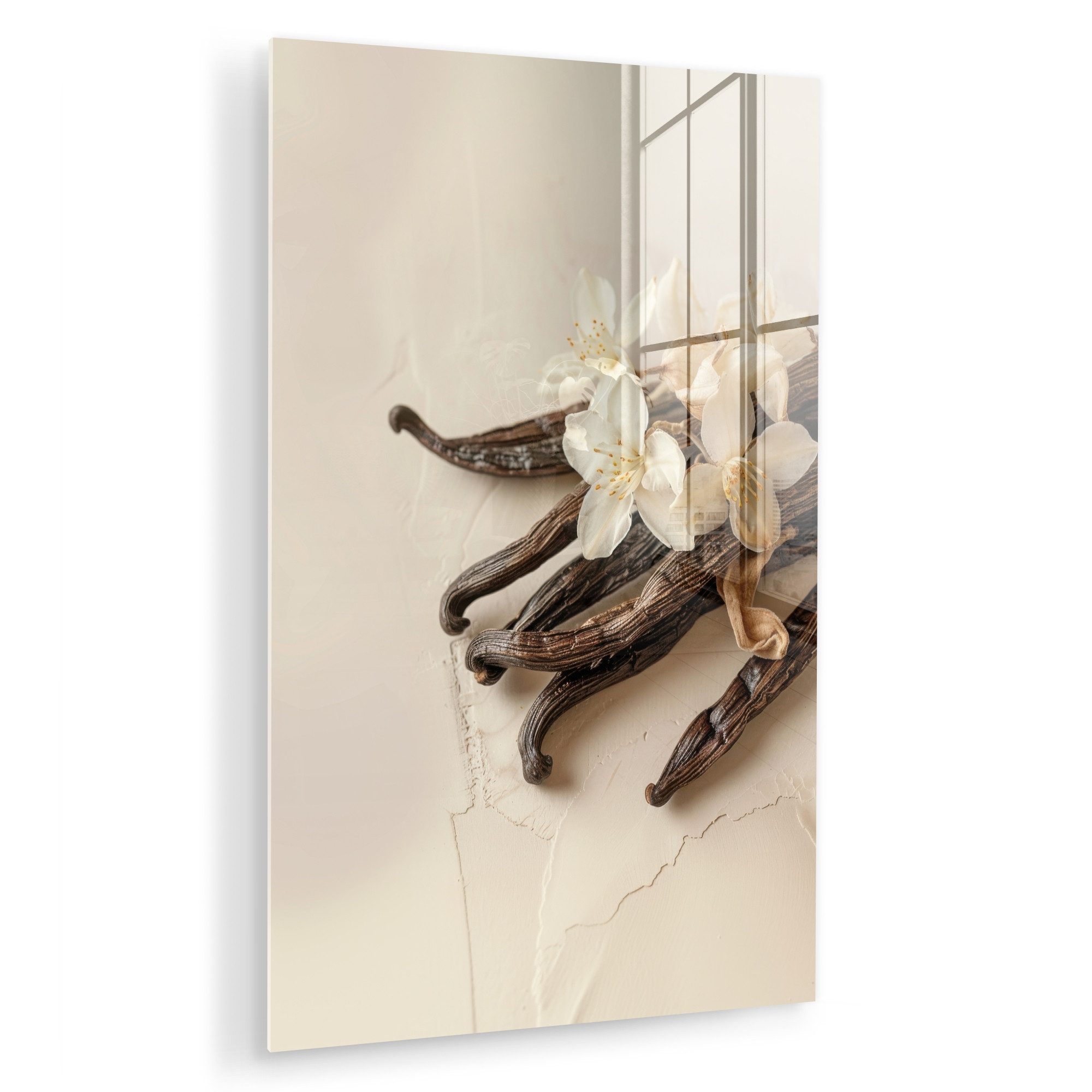 MuchoWow Acrylglasbild Vanille - Geblümt - Beige, Inkl. Aufhängung, Dekorative Bild für Küche & Wohnzimmer auf Glas, 20x30 cm