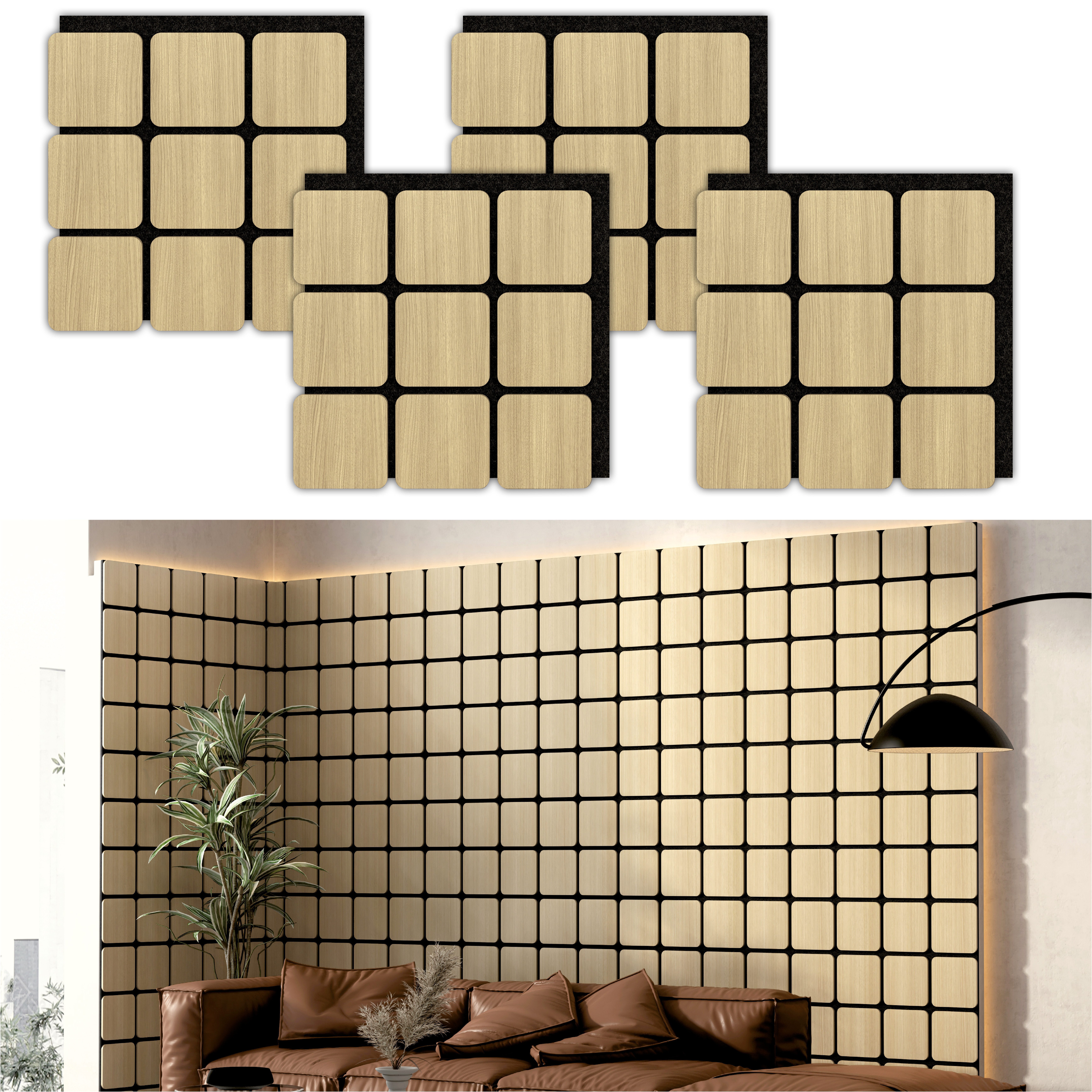 SONIDO 3D Wandpaneel Quadrum Akustikpaneele mit FSC®-zertifizierter Eicheoptik, BxL: 60,00x58,50 cm, 0,35 qm, (Set mit 4 Paneele, 1,404 m², Versandkostenfreie Lieferung) 36 Echtholz-Dekoquadrate mit schwarzem 9mm Filz-Akustikträger
