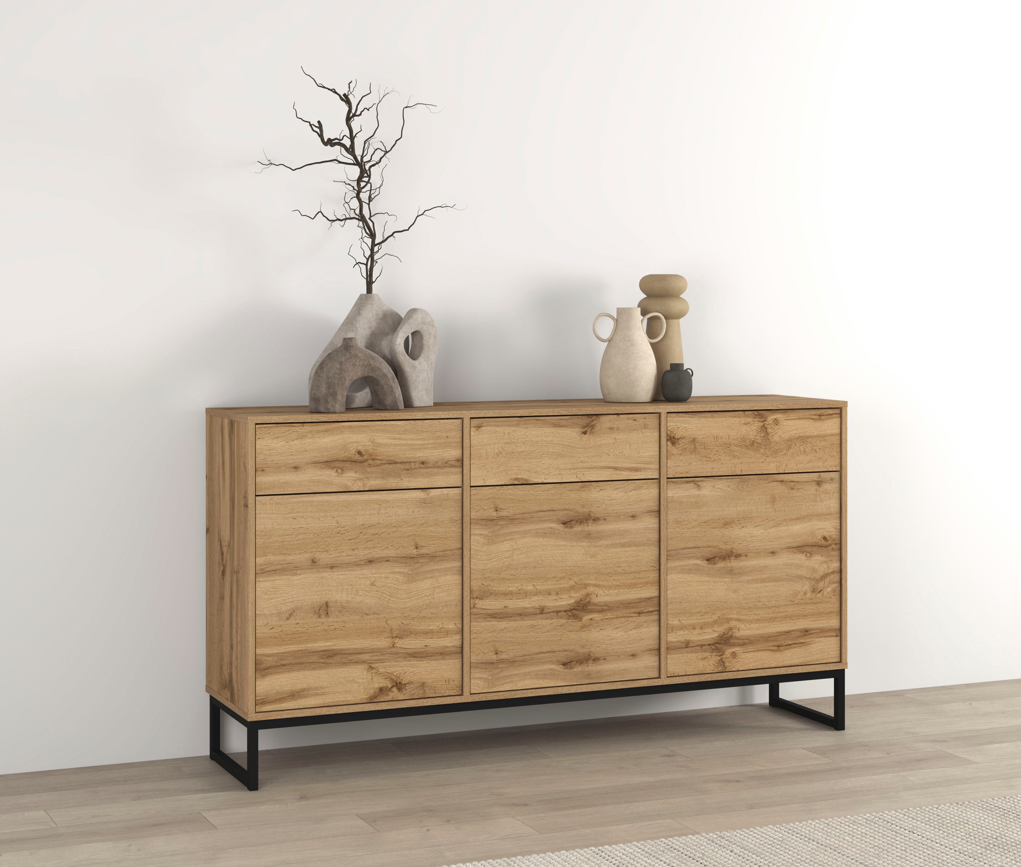 OTTO home Sideboard Loft, Breite 157 cm, grifflose Kommode 3 Türen/3 Schubkästen., Schubladenschrank mit viel Stauraum, Einlegeböden verstellbar