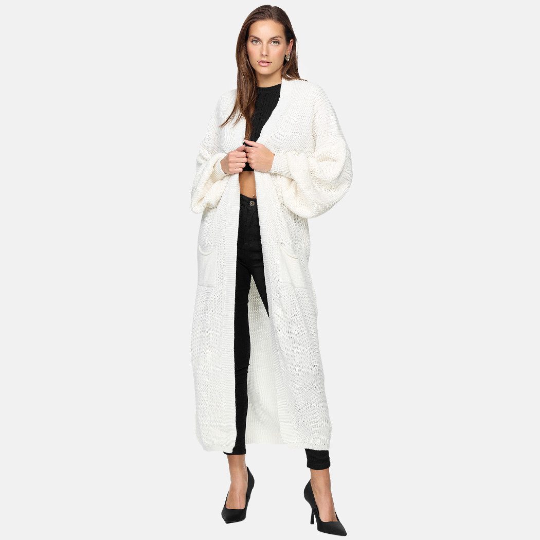 Elara Cardigan – Damen Longcardigan in Grobstrick mit Ballonärmeln und Taschen