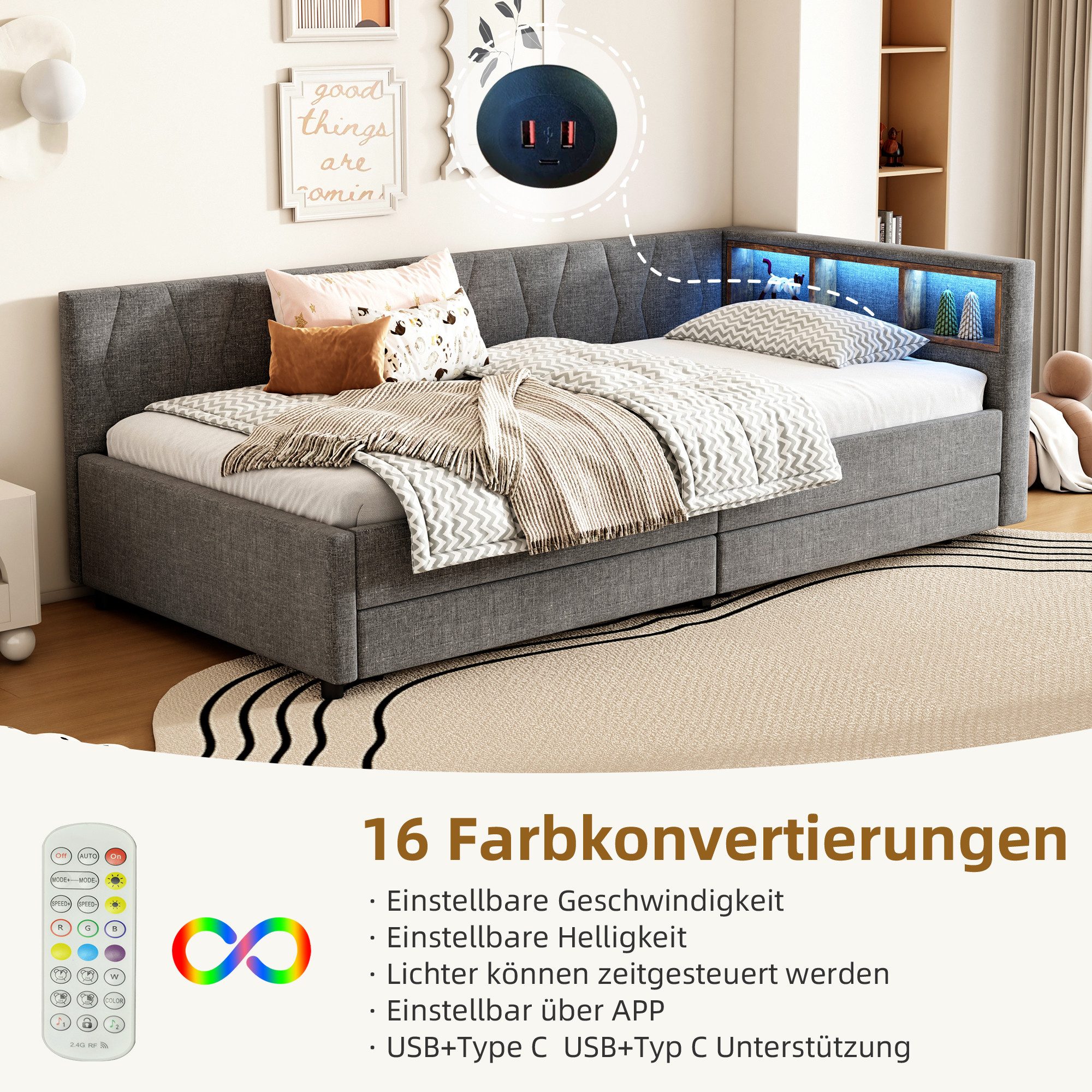 REDOM Schlafsofa Modernes Polsterbett mit LED-Beleuchtung, USB und Typ-C La günstig online kaufen