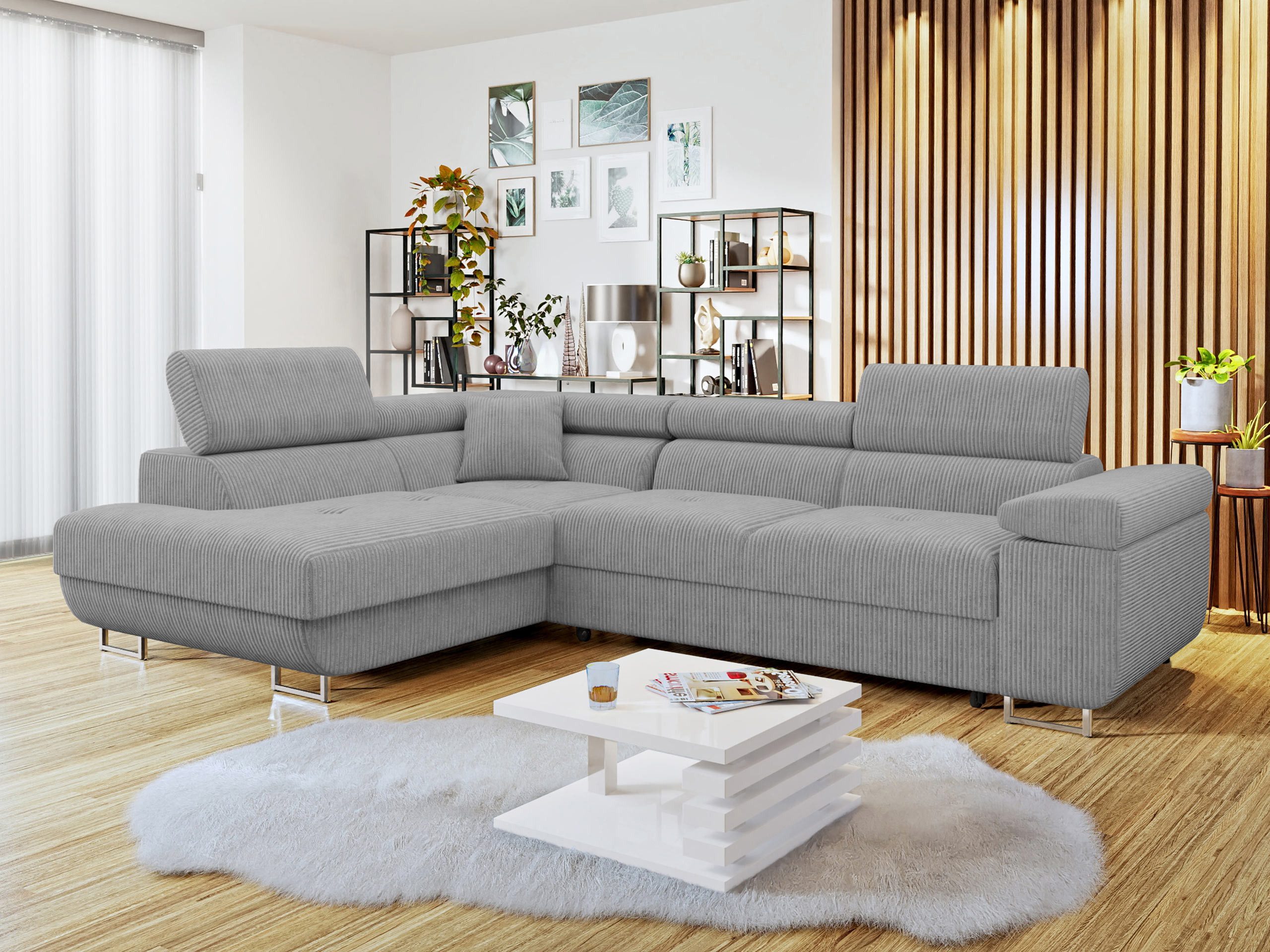 MIRJAN24 Ecksofa Torezio Cord, mit Bettkasten und Schlaffunktion, Einstellbare Kopfstützen, 274x203x70-90 cm