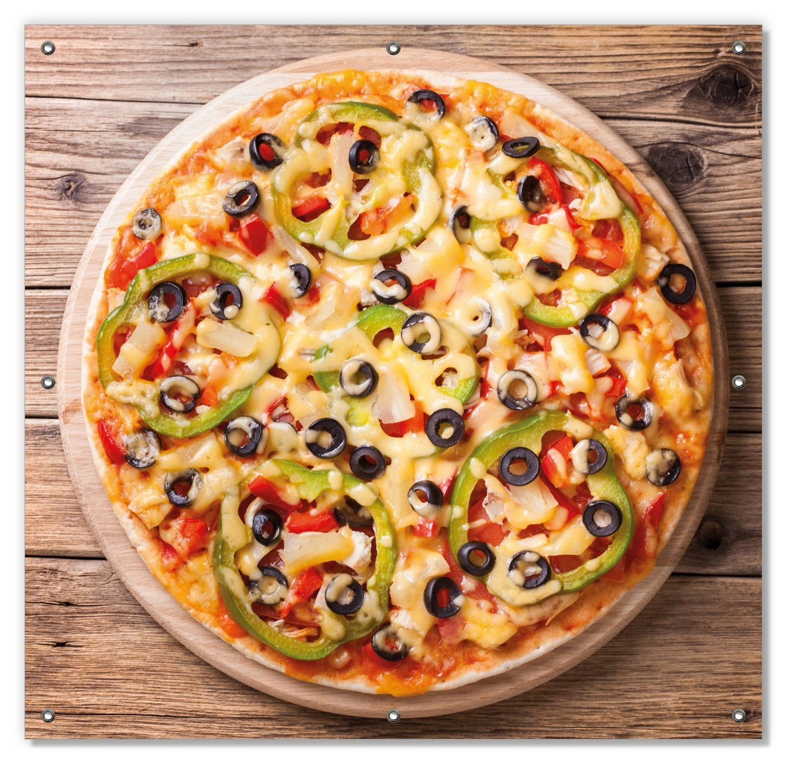 Sonnenschutz Italienische Pizza mit Peperoni, Oliven. Paprika und Käse, Wallario, blickdicht, mit Saugnäpfen, wiederablösbar und wiederverwendbar