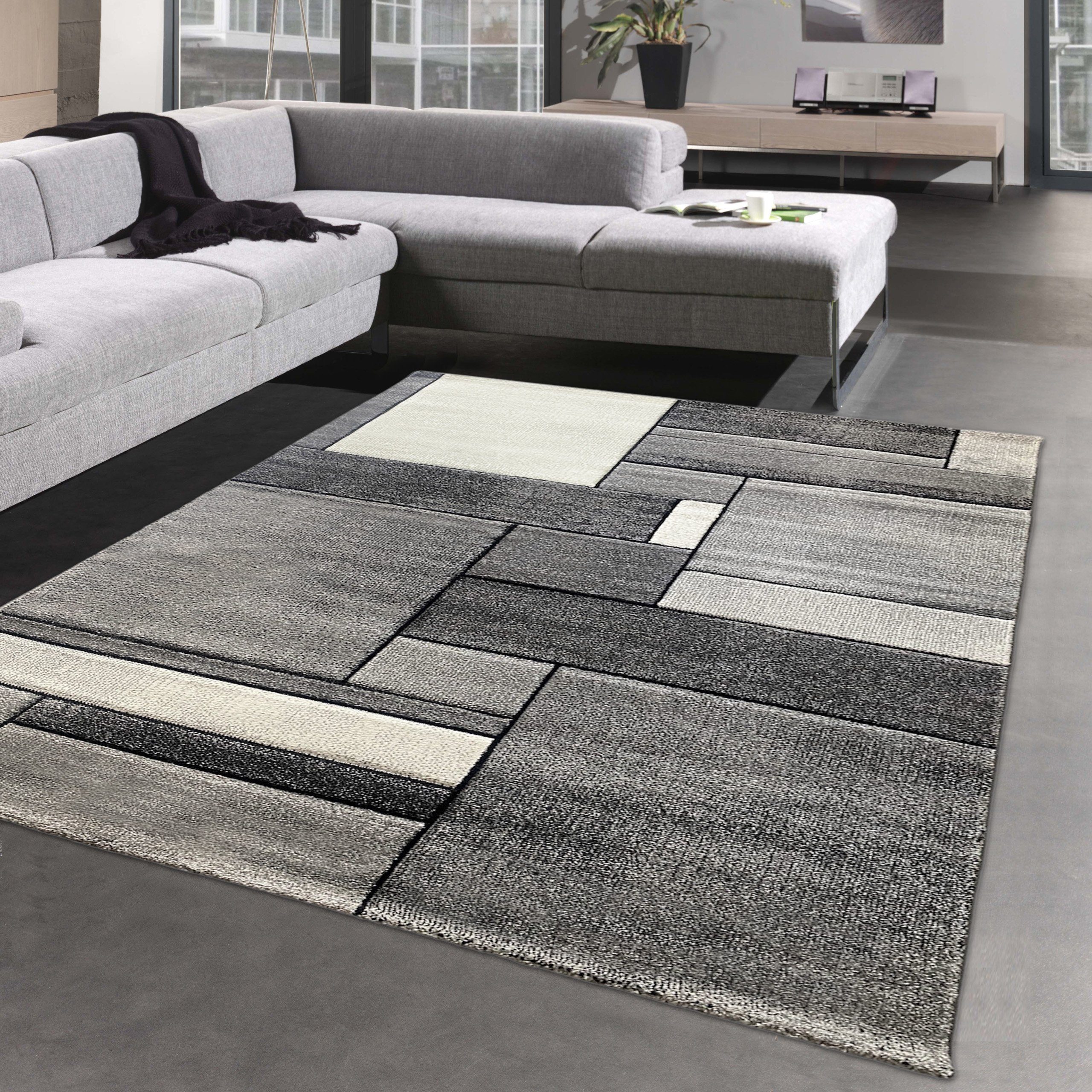 Teppich Modern abstrakter Designerteppich mit Rechtecken in grau