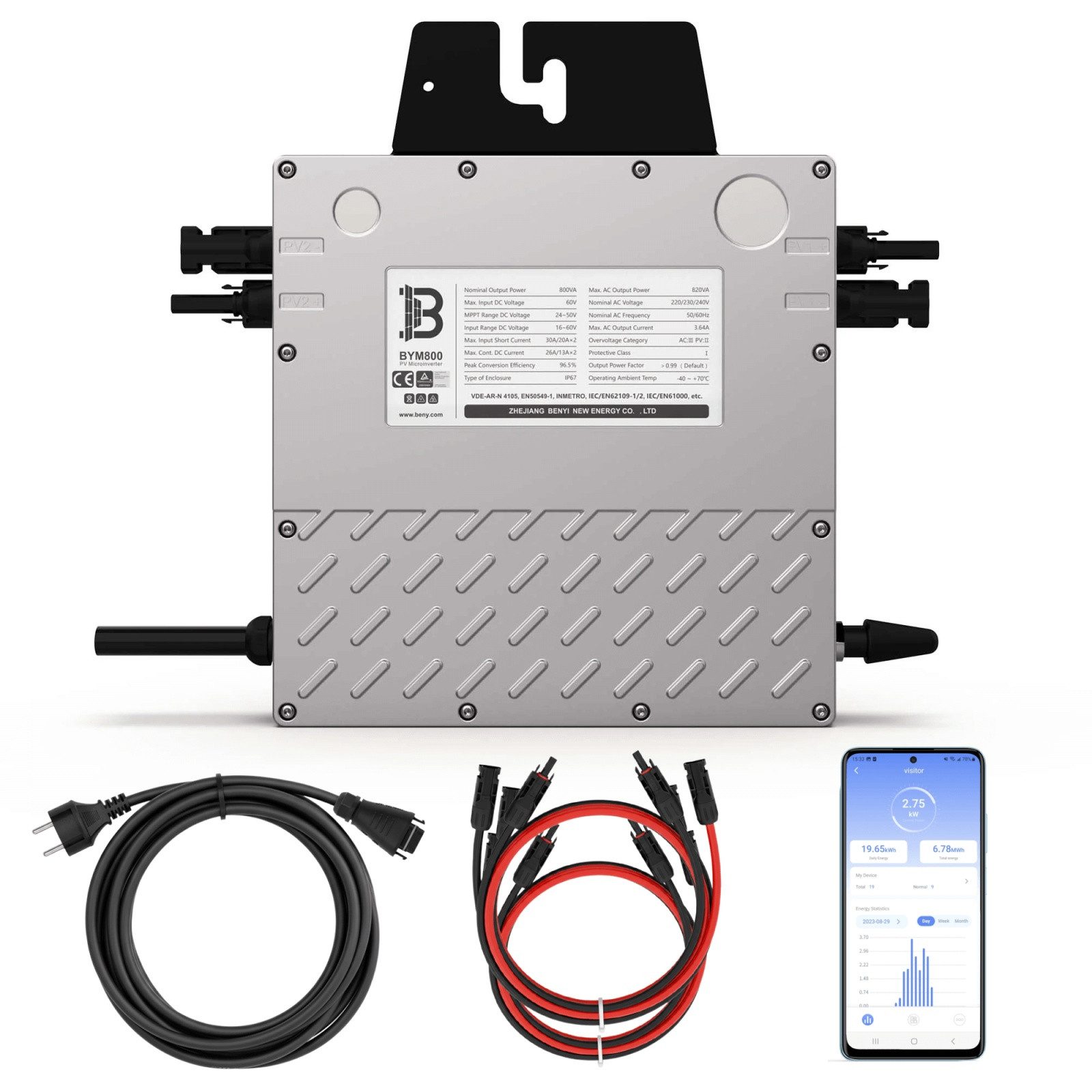 SUNNIVA Wechselrichter BENY BYM800 Mikro-Wechselrichter 800W - für Balkonkraftwerk, (Inverter Plug-&-Play mit 2× MPPT (bis 1200W PV), IP67 wetterfest, App-Überwachung & WLAN, inkl. 5m Kabel & 4× 1m Solarkabel)