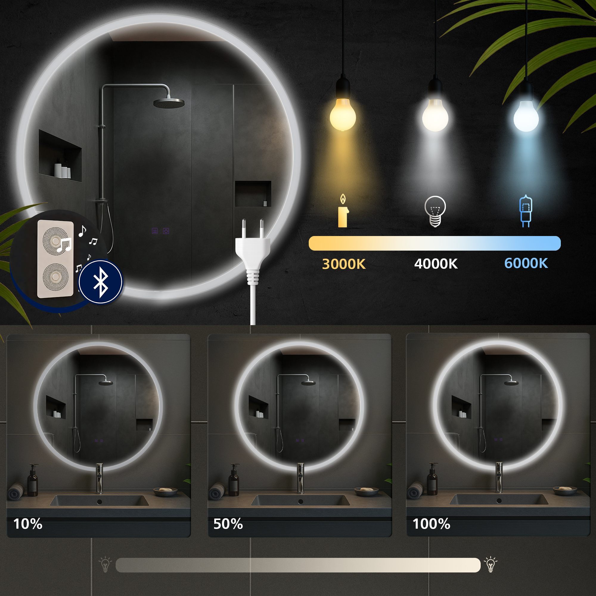CLP Wandspiegel Laconia (1er), Bluetooth-Lautsprecher, Anti-Fog, LED-Licht, IP44 – Bild 4 von 5