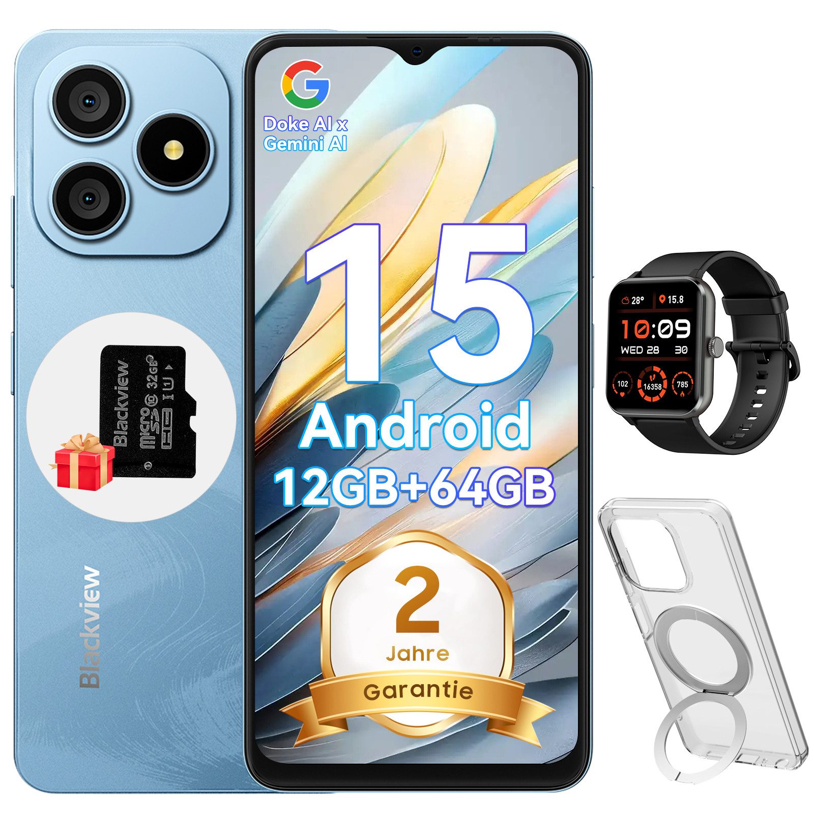 blackview WAVE 9C Android 15 incl.Z30 Smartphone (6.56 Zoll, 64 GB Speicherplatz, 13 MP Kamera, 13MP, Android 15, fingerprint, OTG)