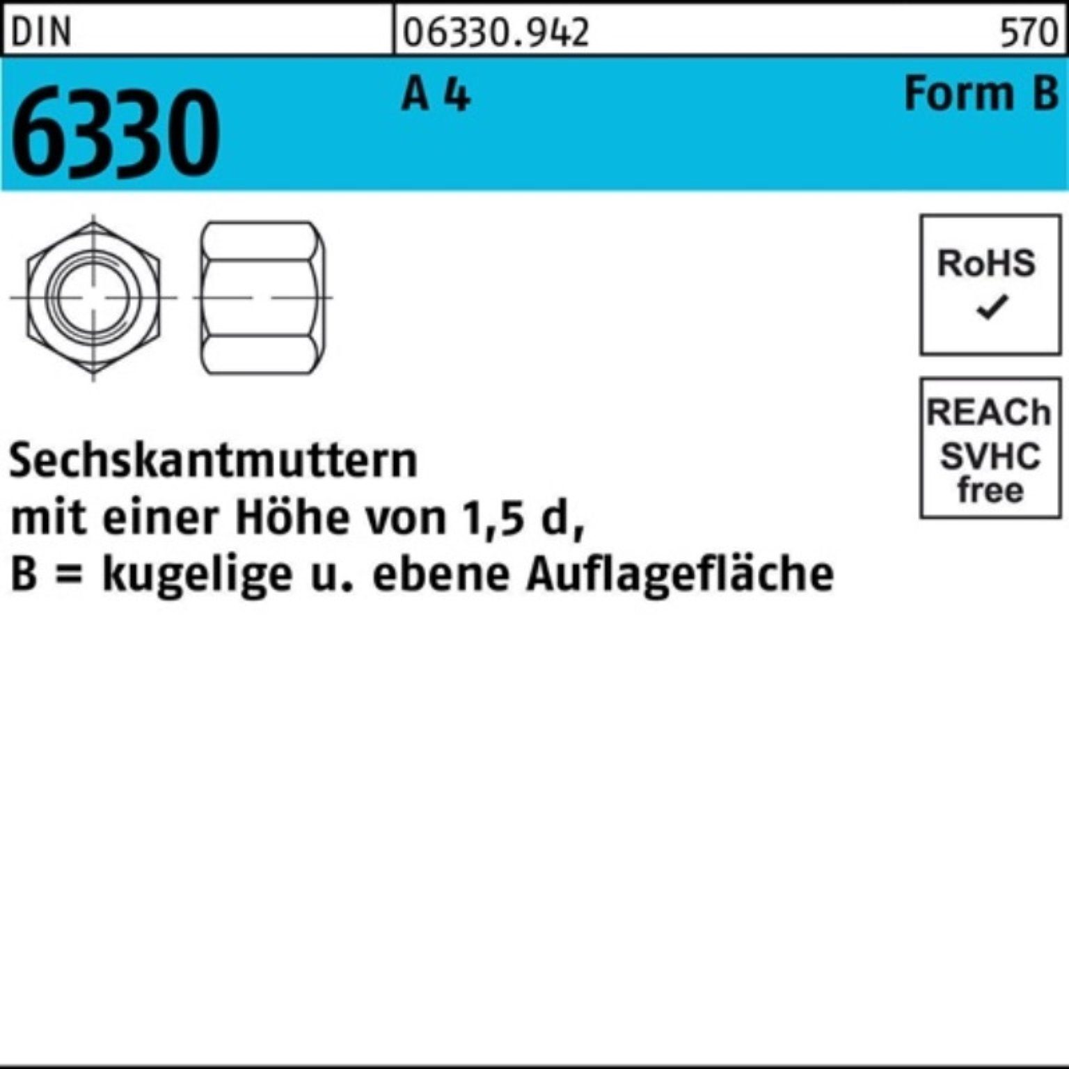 Muttern 100er Pack 063309420160000 Sechskantmutter DIN 6330 Form B BM 16 SW 24