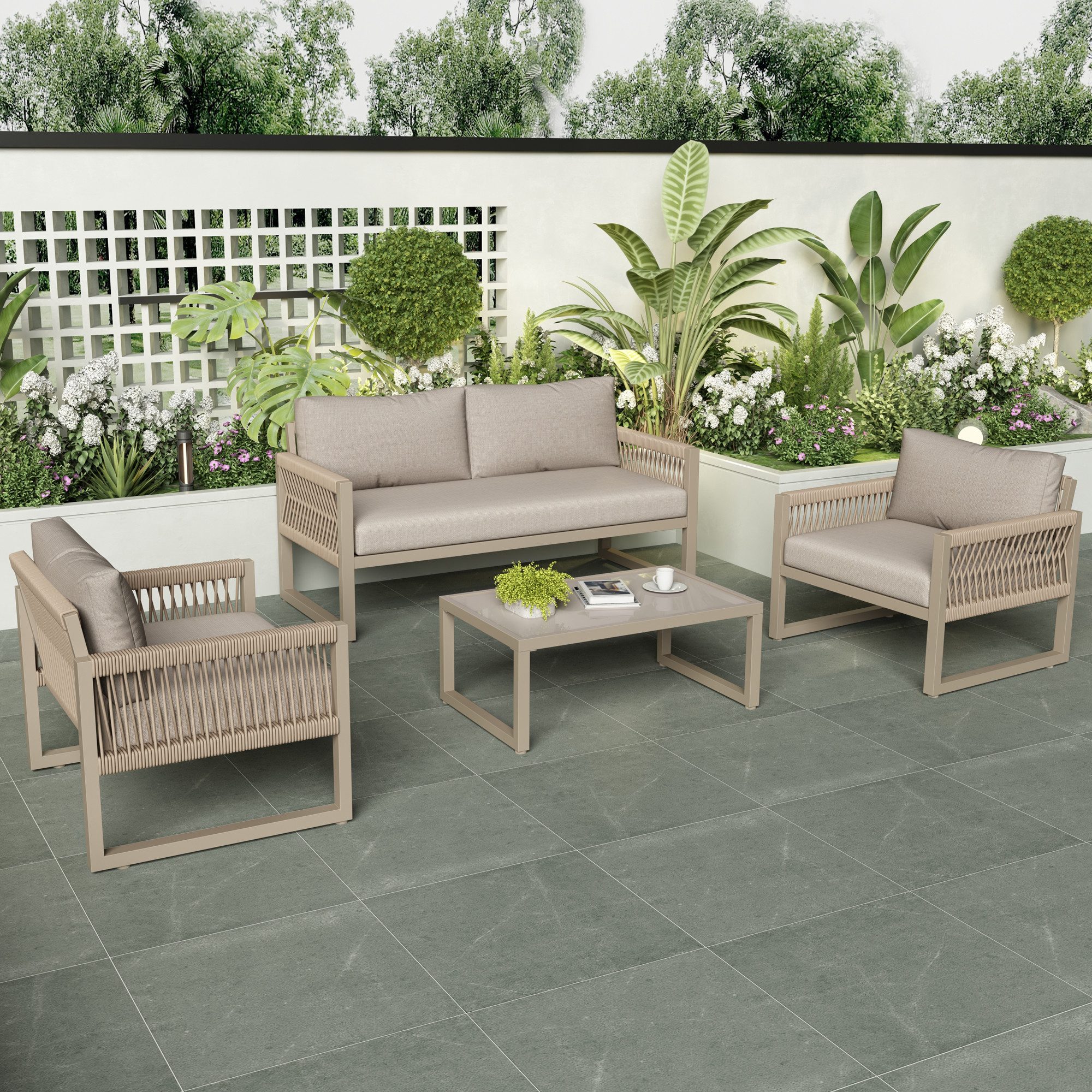 Flieks Gartenlounge-Set, 4 Sitzer Gartenmöbel Sitzgruppe Balkonset aus Eisen und Seil