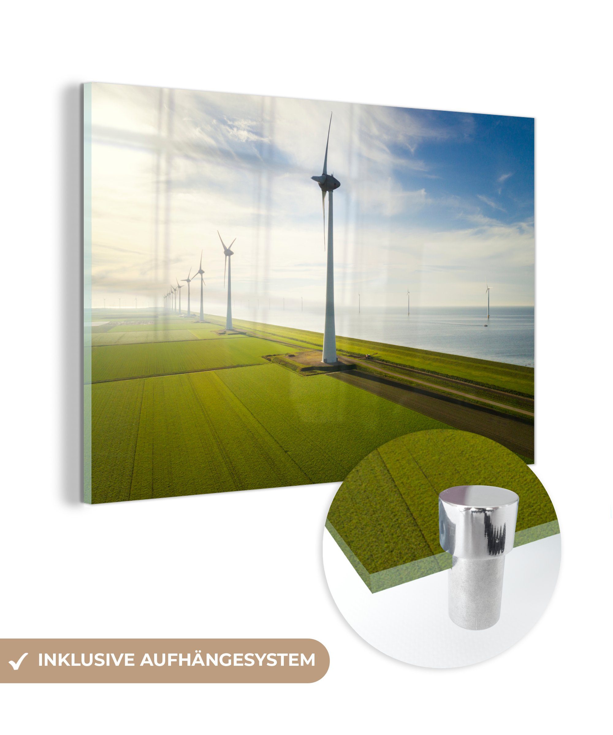 MuchoWow Acrylglasbild Meer - Windmühle Glas - Foto Bilder auf St), - - Niederlande, Glas auf - Glasbilder Wanddekoration (1 Wandbild