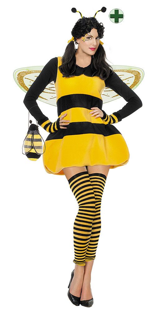 Karneval-Klamotten Kostüm Bienen Damen Bienenkleid Fleece Stoff mit Haarrei günstig online kaufen