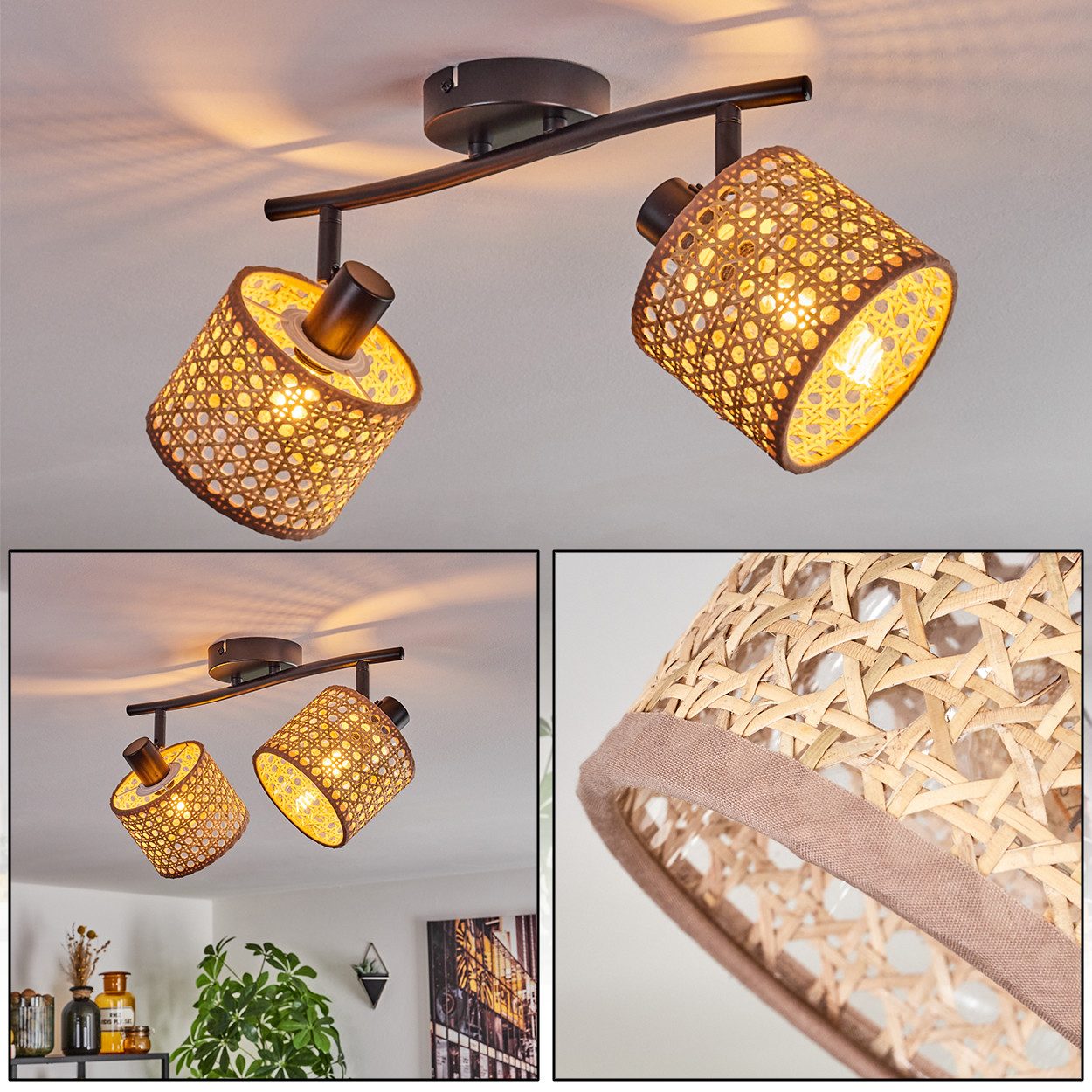hofstein Deckenleuchte moderne Deckenlampe aus Metall/Rattan/Wiener Geflecht in Schwarz/Natur, ohne Leuchtmittel, mit verstellbaren Strahlern, Leuchte, 2 x E14, ohne Leuchtmittel