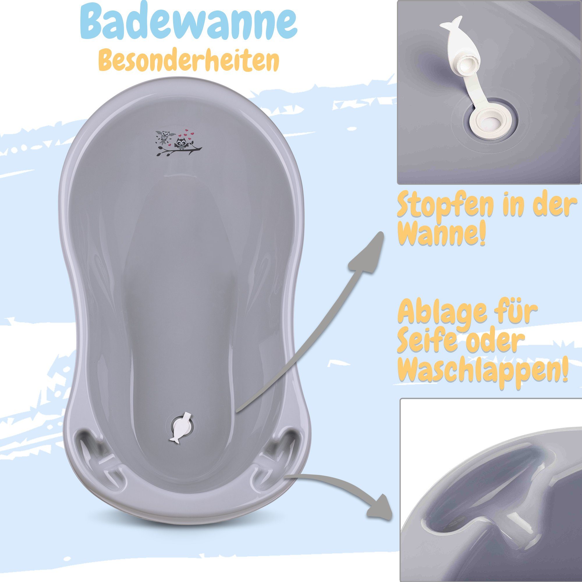 Baby Rheinland Wanne (Teile, Babybadewanne, Eule grau Babykajo TÜV 1-tlg), zertifiziert!