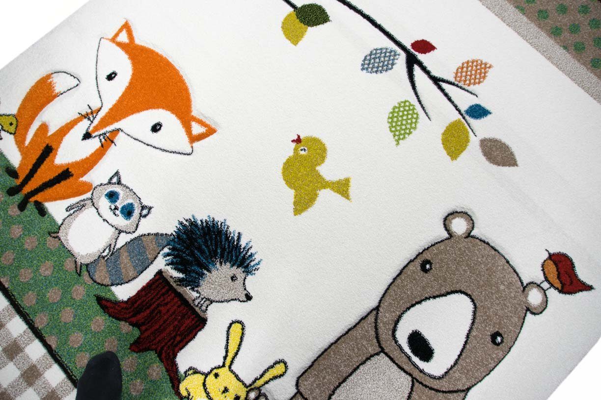 TeppichHome24 Kinderteppich Kinderteppich bunte Tiere mit Bär Fuchs Hase Igel Eule Vögel, rechteckig, Höhe: 1.3 mm