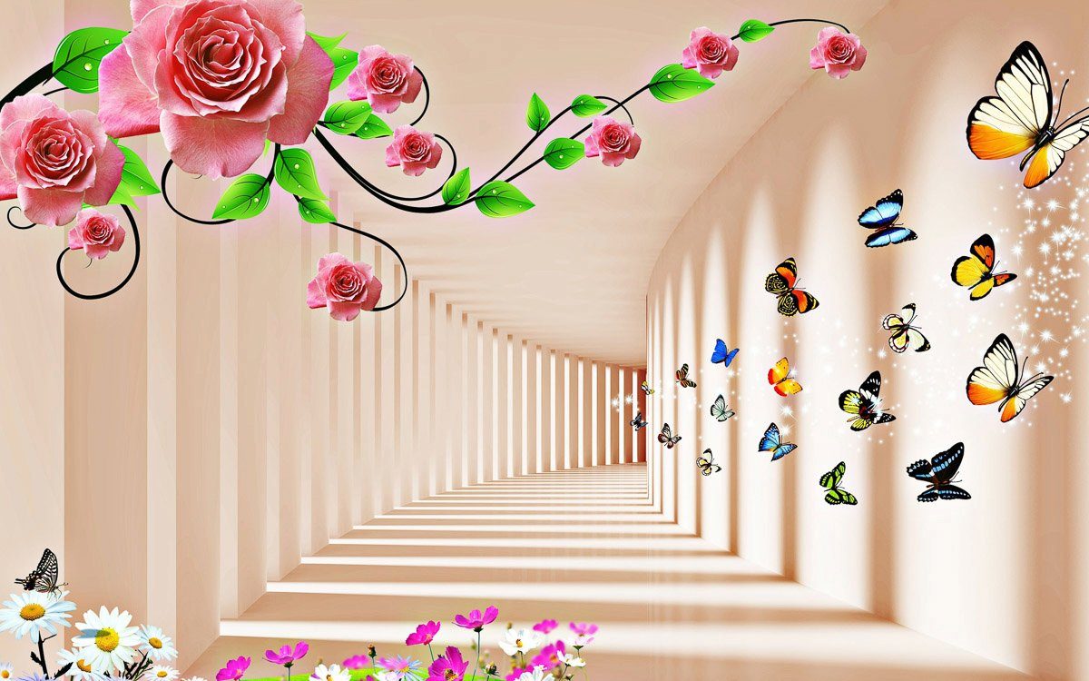 Blumen Muster und Papermoon Fototapete mit Schmetterlingen