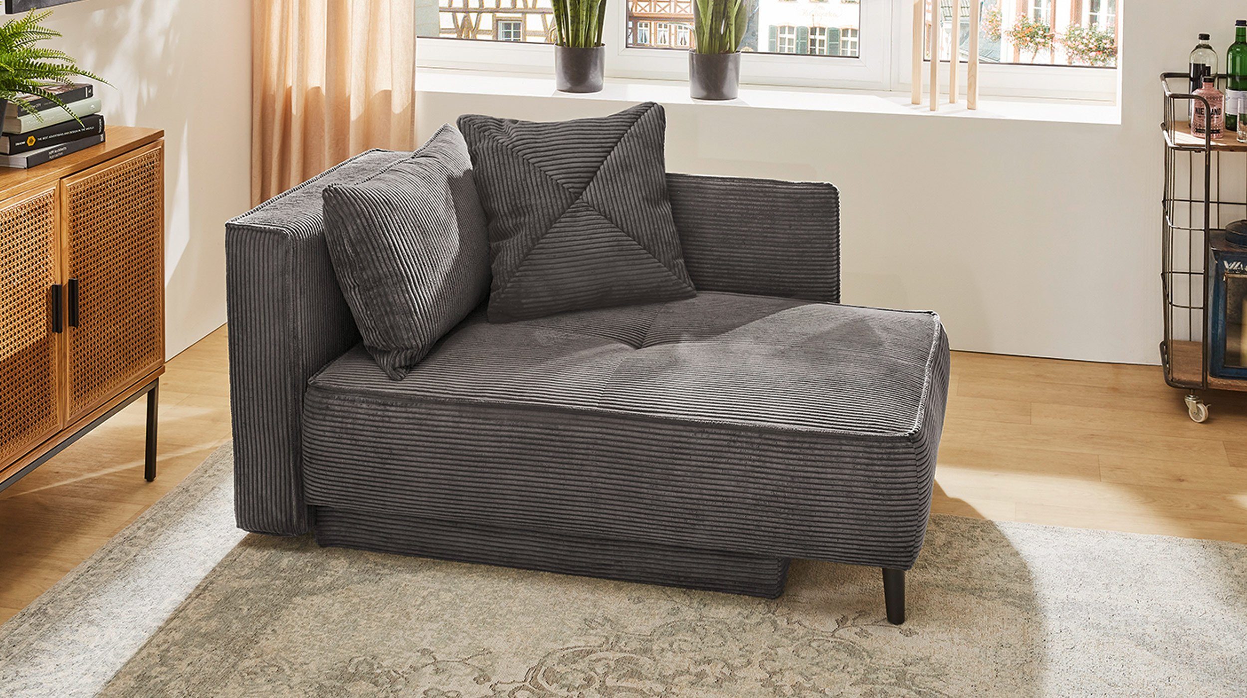 Massivart® Recamiere REX Einzelsofa grau oder grün Cord 155 cm, Bettfunktion / Bettkasten / Federkernpolsterung / Metallfüße