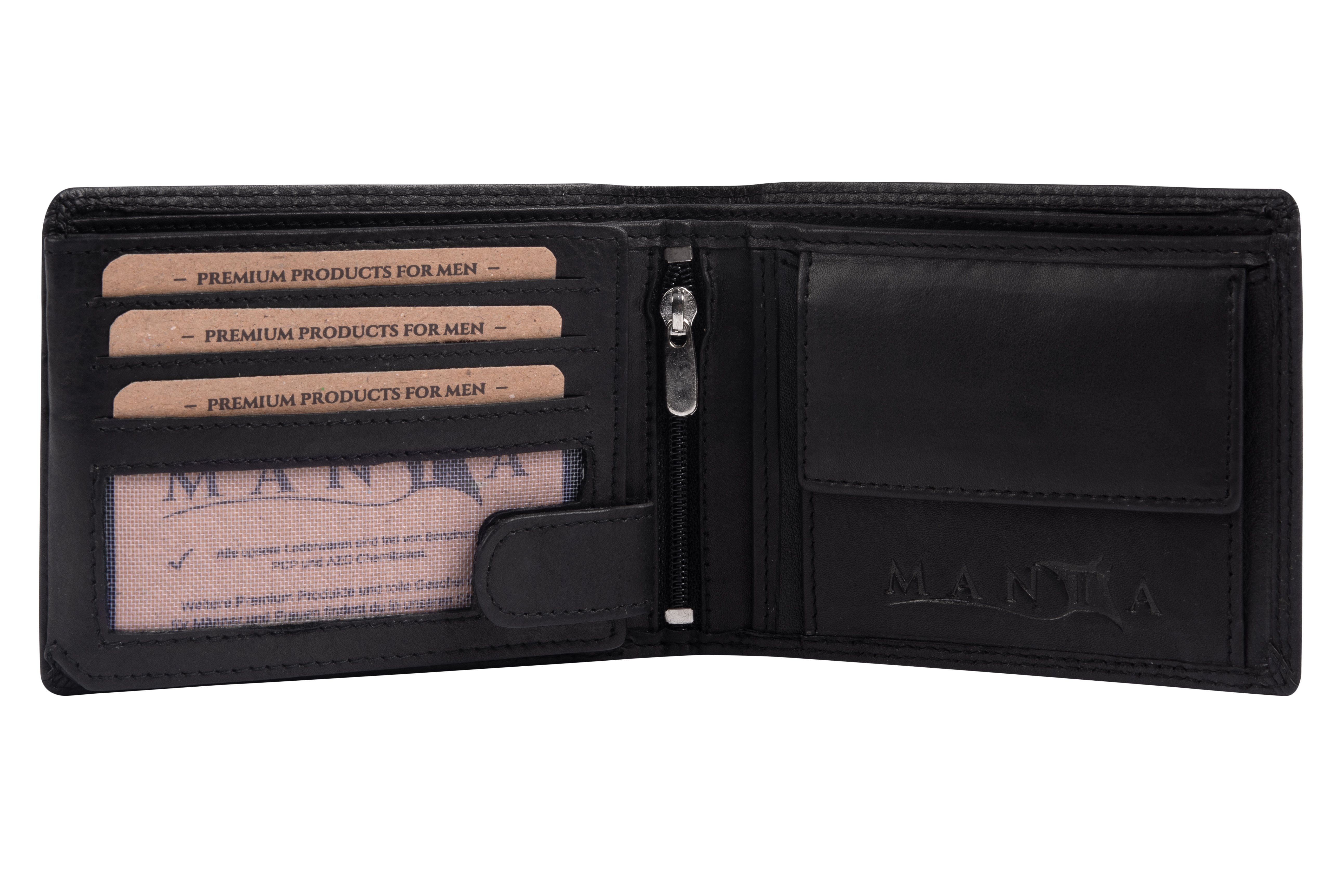 Schutz RFID MANTA Premium Echtleder Herrengeldbeutel Black Geldbörse + Brieftasche, Safe RFID aus Leder Echtes
