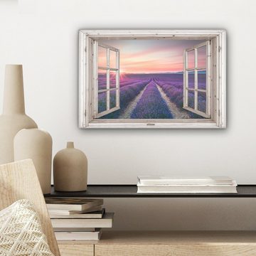 OneMillionCanvasses® Leinwandbild Durchsichtig - Lavendel - Blumen - Holz - Sonnenuntergang - Lila, (1 St), Wandbild Leinwandbilder, Aufhängefertig, Wanddeko, 30x20 cm