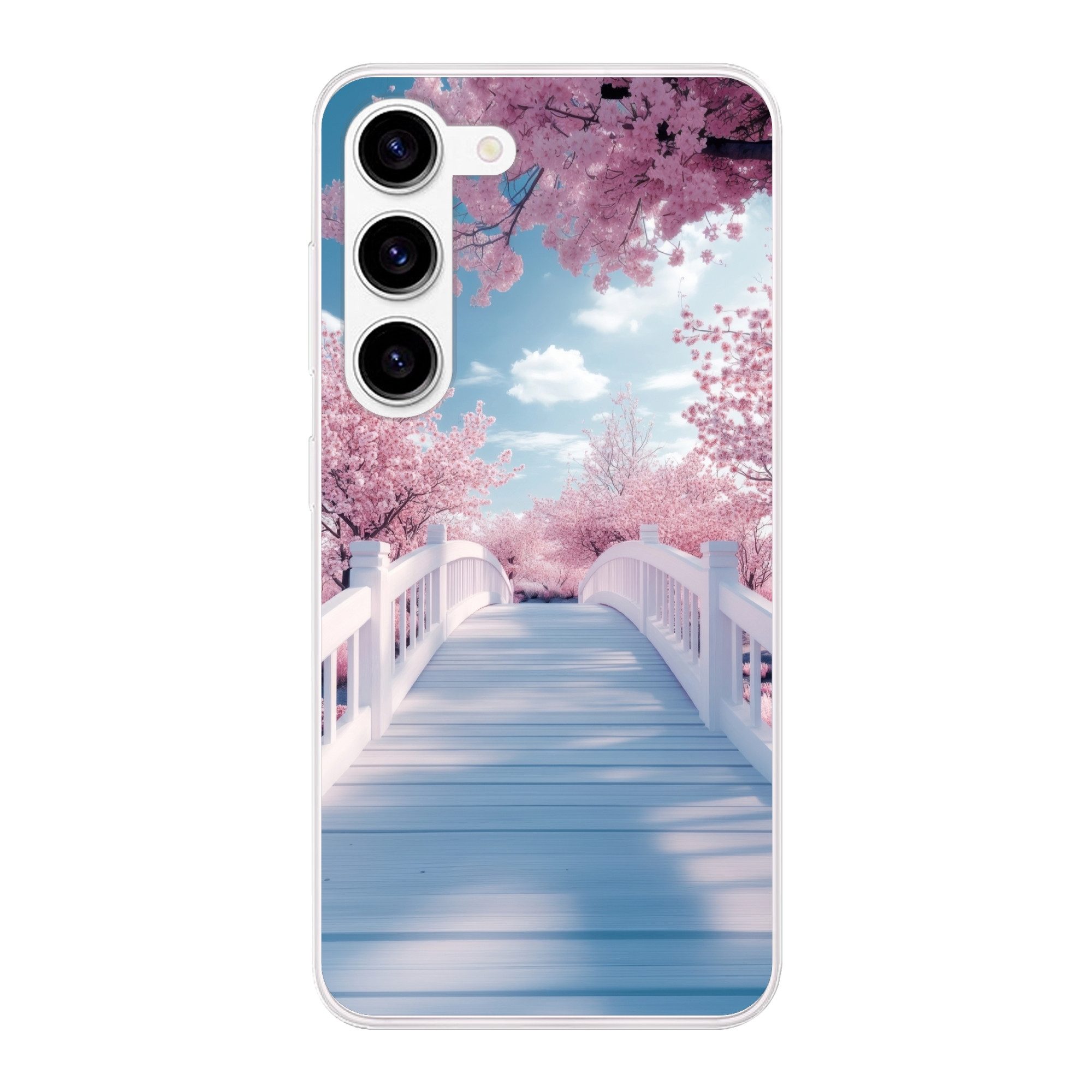 MuchoWow Handyhülle für Samsung Galaxy S23 Brücke - Kirschbäume - Weiß, Phone Case, Silikon, Schutzhülle Dünn
