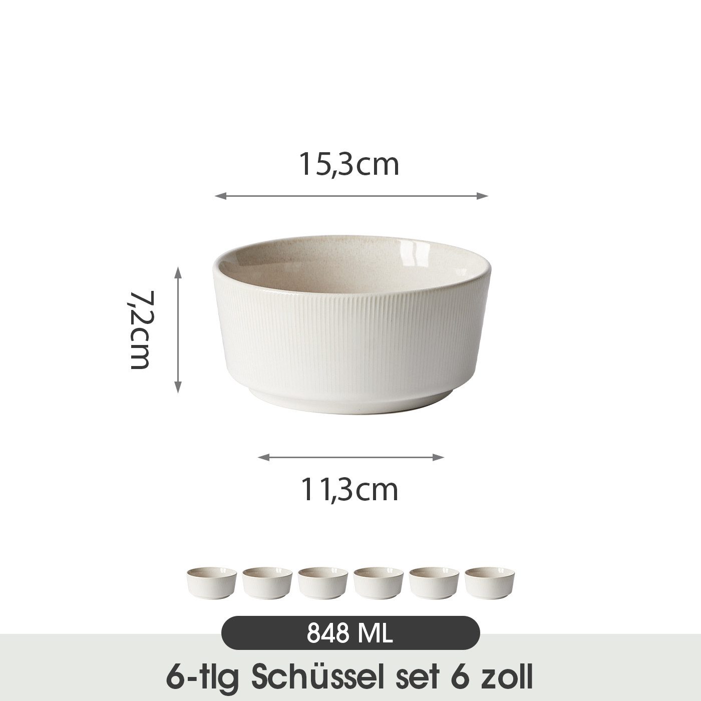 JIWOO Salatschüssel 4/6er Ø15,3cm, Müslischüssel Suppenschüssel Suppenschale Dessertschale, Keramik, (Set, 6-tlg), Schüssel Hochwertiges Schüsseln Weiß Mikrowel – Bild 2 von 5