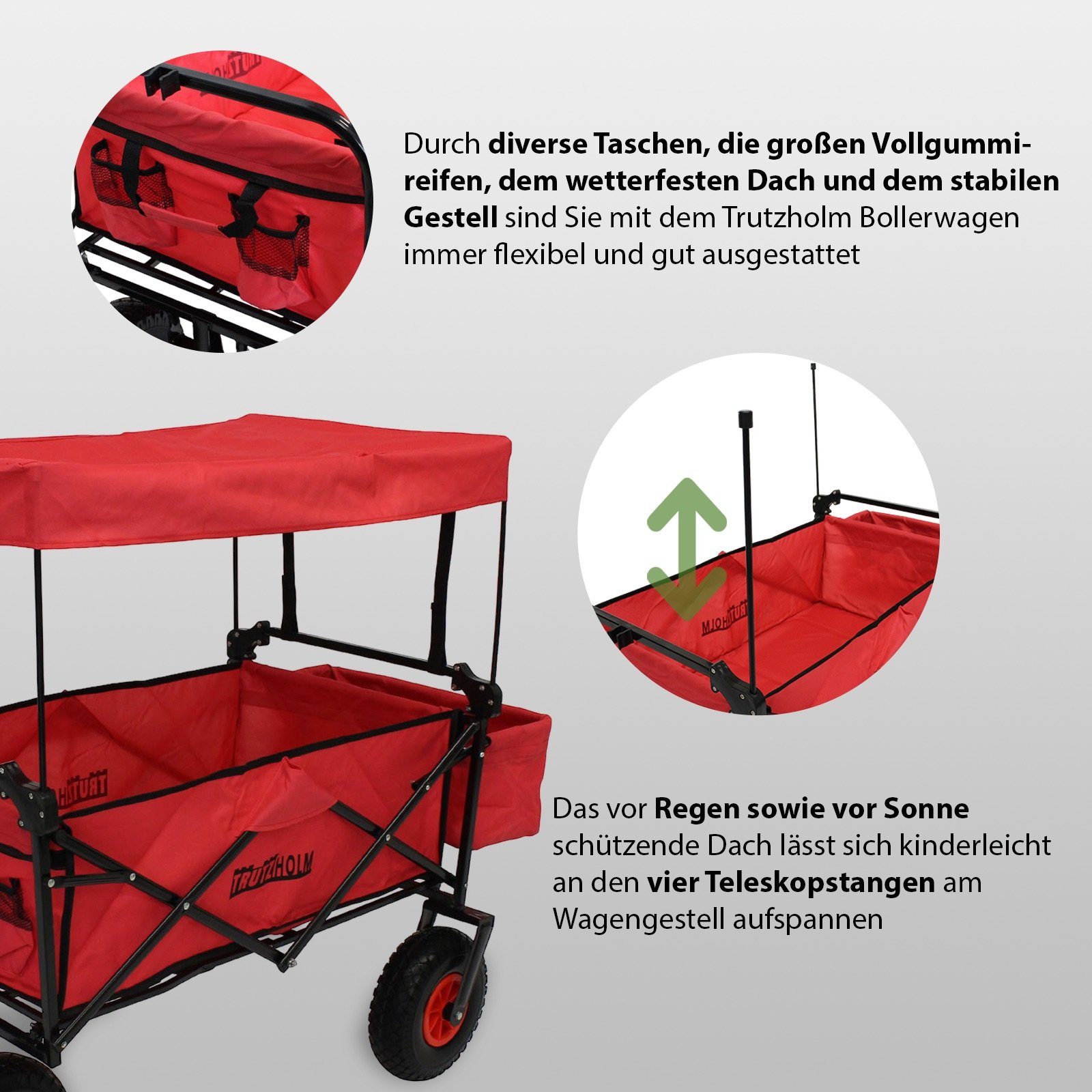TRUTZHOLM Bollerwagen faltbar mit Dach, PU-Rädern, Hecktasche und Teleskopgriff