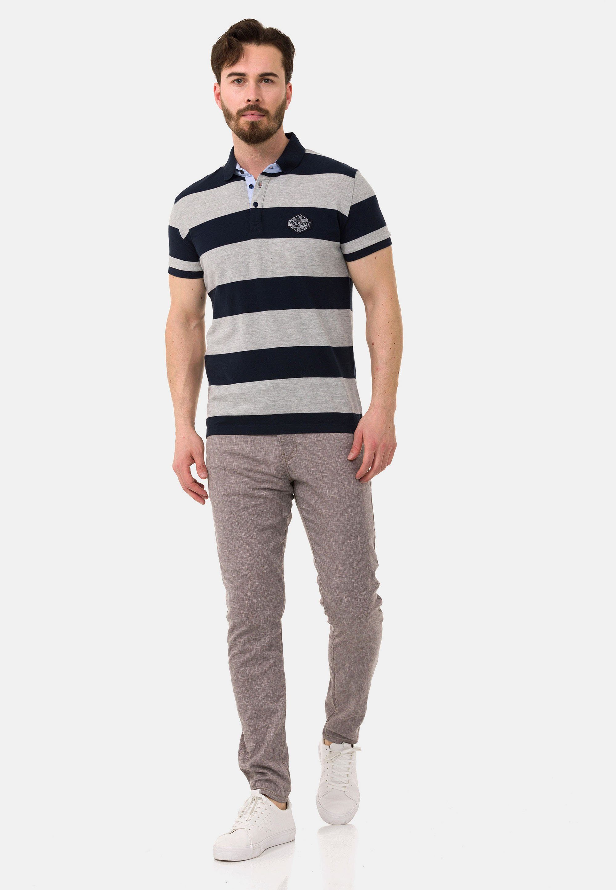 Cipo & Baxx Poloshirt mit breitem blau-grau Streifenmuster