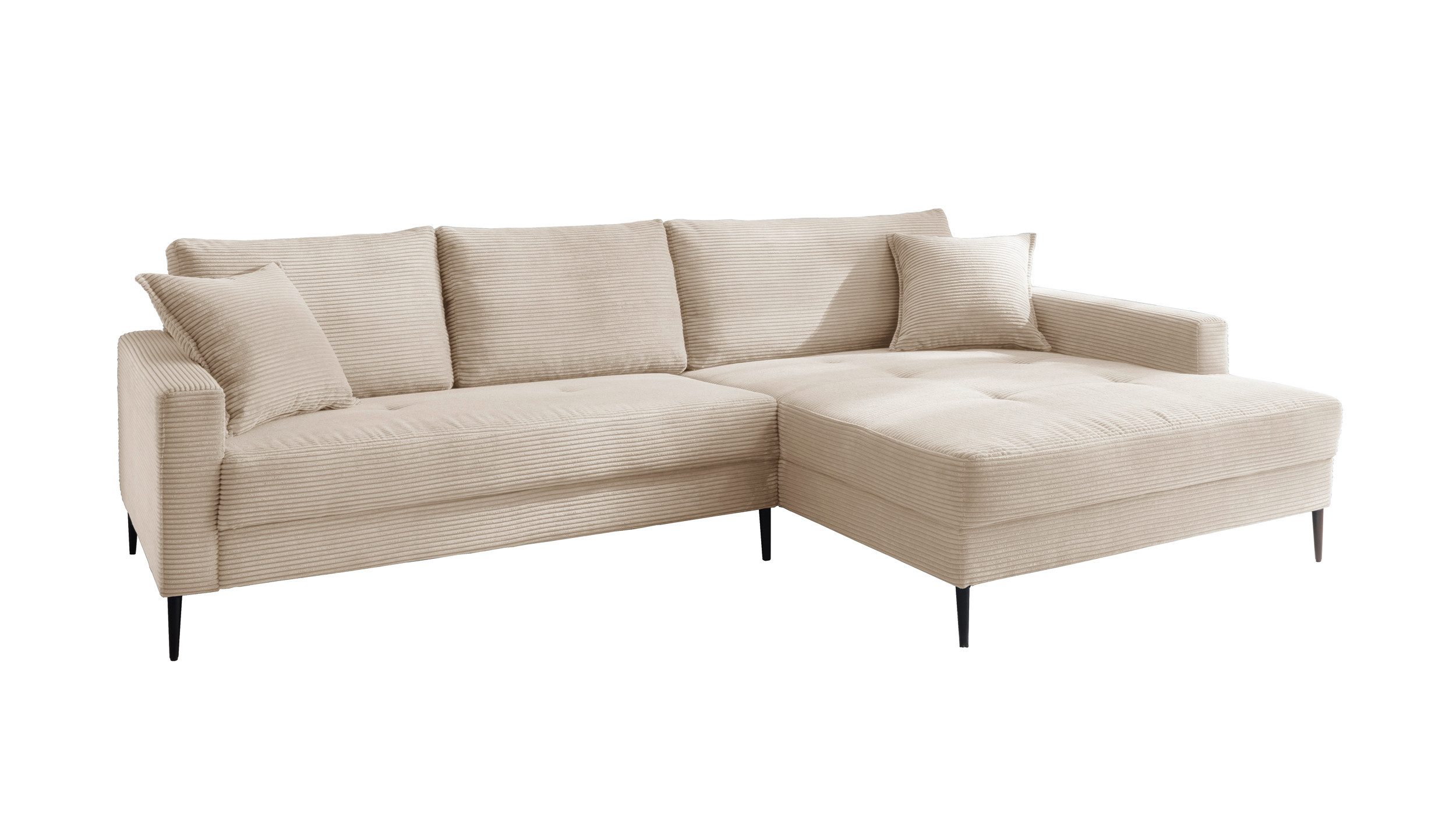 Massivart® Ecksofa Cord Creme 276 × 173 cm / Nosagunterfederung / Model SUMMER, echt bezogener Rücken · inkl. Kissen Set · Metallfüße schwarz