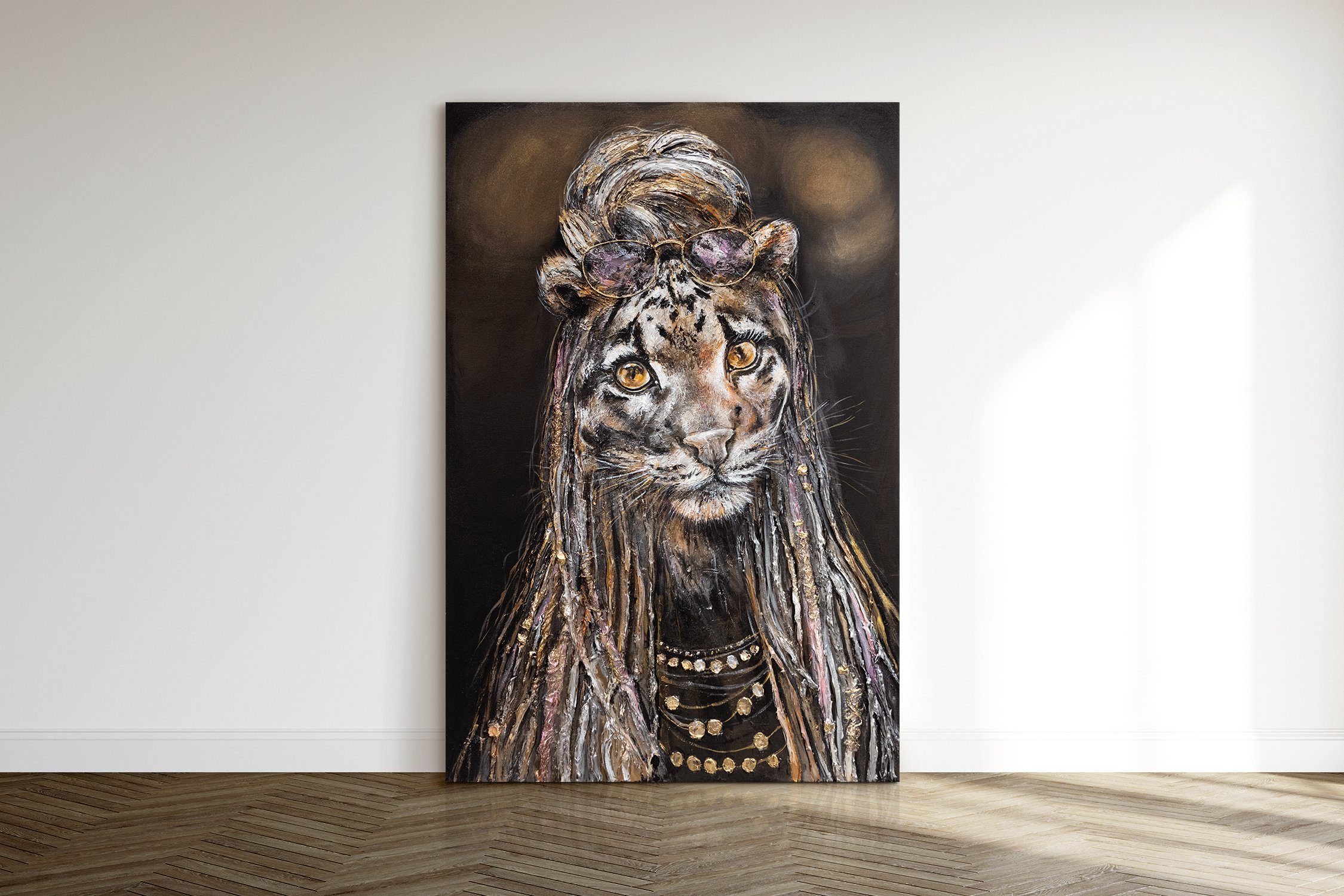 YS-Art Gemälde Leopard Agilität, Tiere, Leinwand Tier Bild Gold Handgemalt