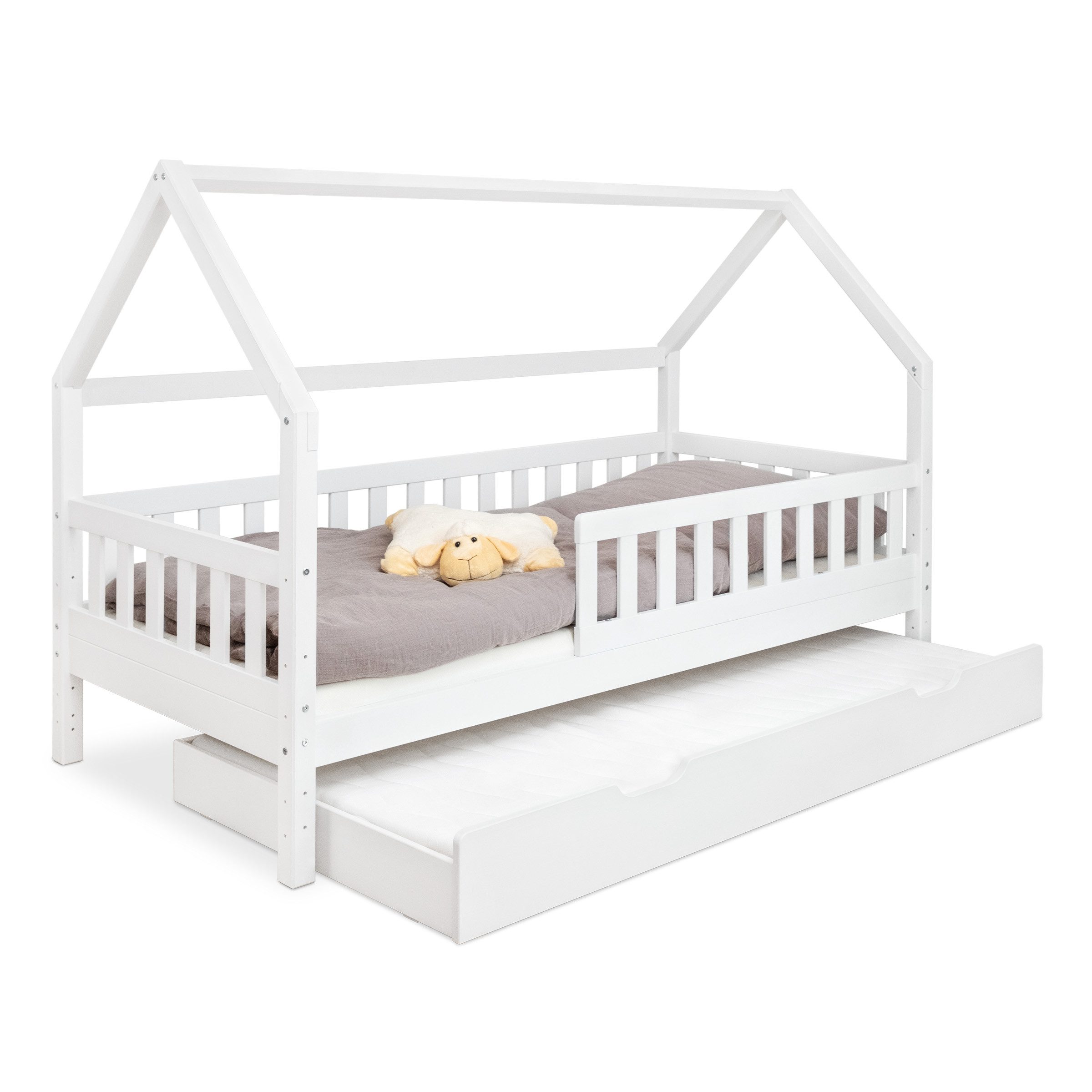Ehrenkind Hausbett Lille aus massivem Kiefernholz inkl. Rausfallschutz und Rollrost (90x200 Weiß, Hausbett mit optionalem Stauraum), 2 in 1 Aufbau bodentief oder Standardhöhe