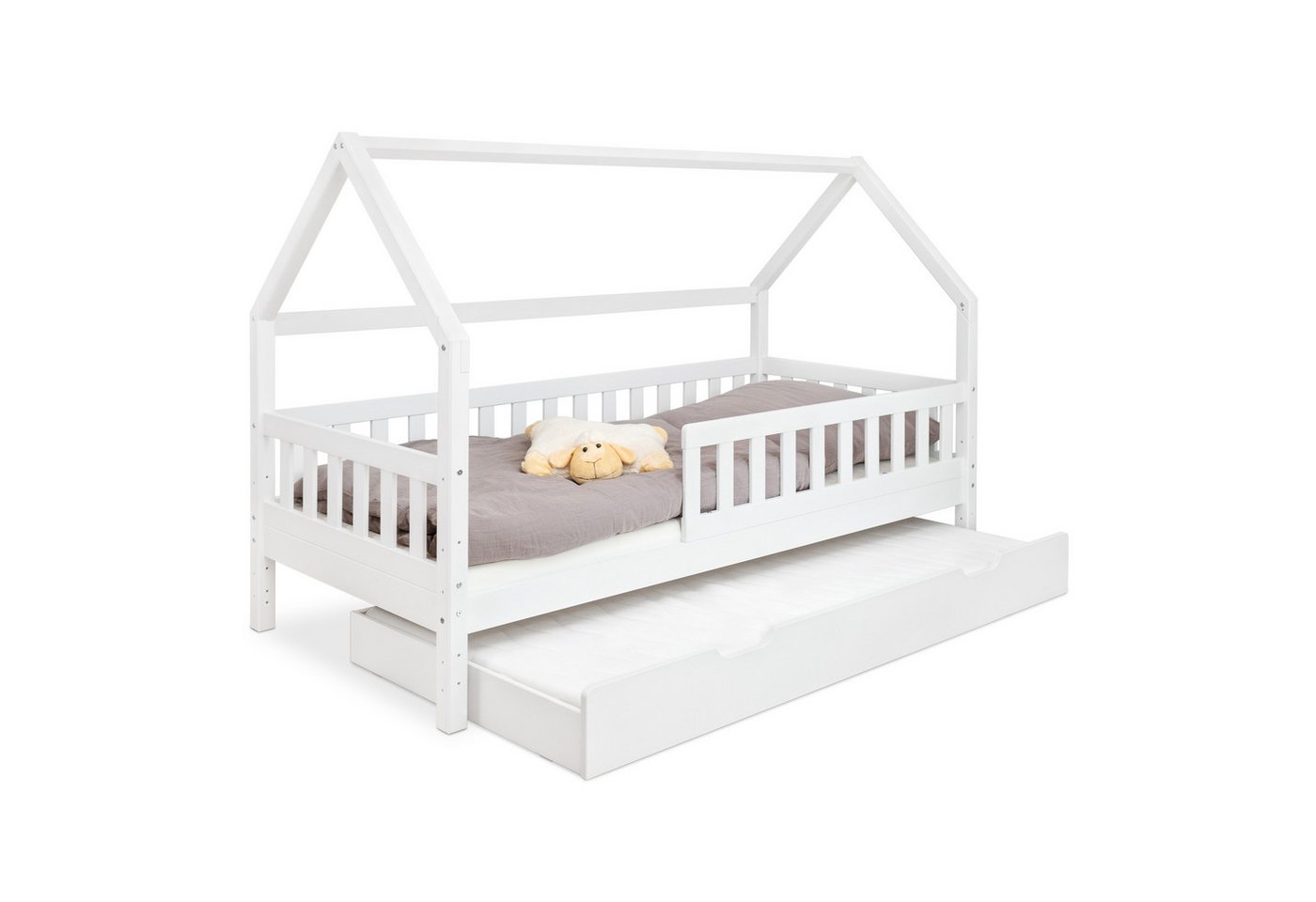 Ehrenkind Hausbett Lille aus massivem Kiefernholz inkl. Rausfallschutz und Rollrost (90x200 Weiß, Hausbett mit optionalem Stauraum), 2 in 1 Aufbau bodentief oder Standardhöhe