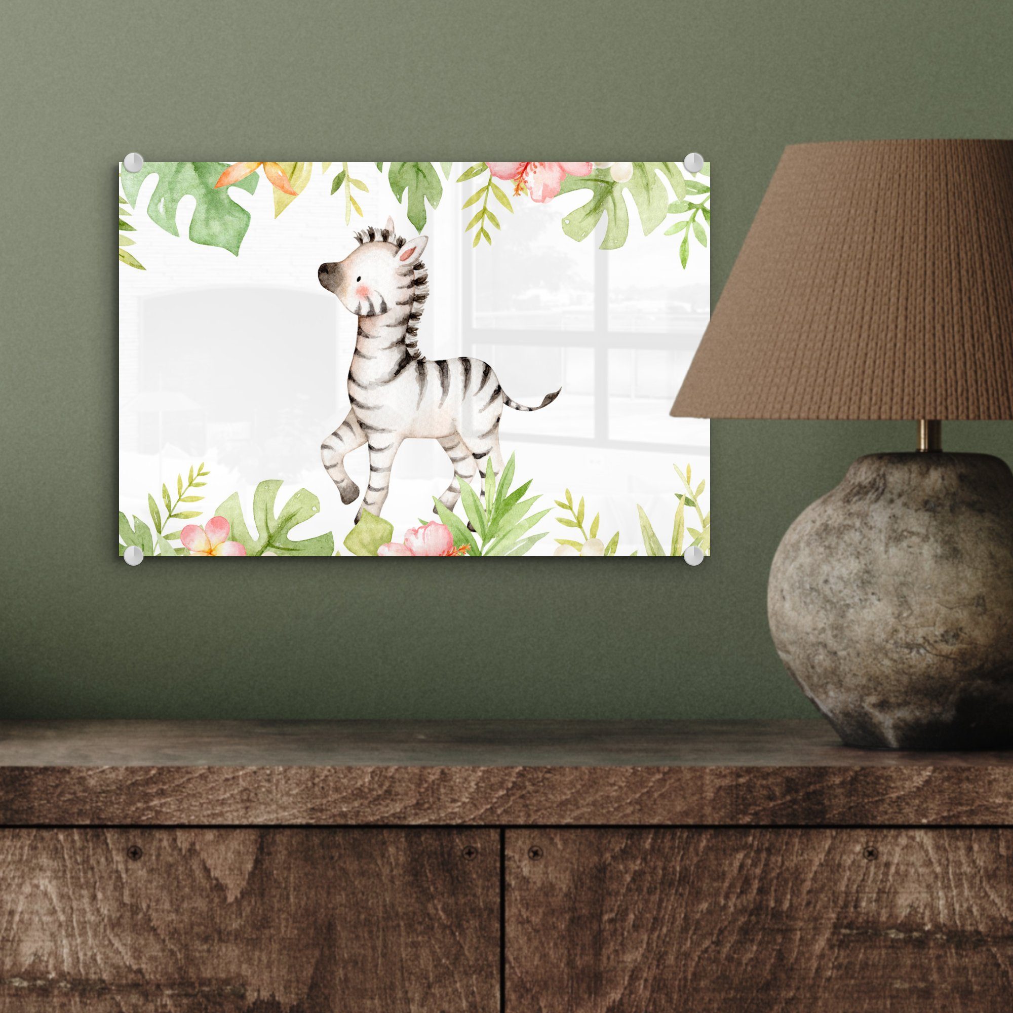 Wandbild - - Bilder Zebra auf Acrylglasbild Dschungel Wanddekoration Blumen - Glas - auf Glasbilder MuchoWow Glas - - Foto Aquarell, St), (1