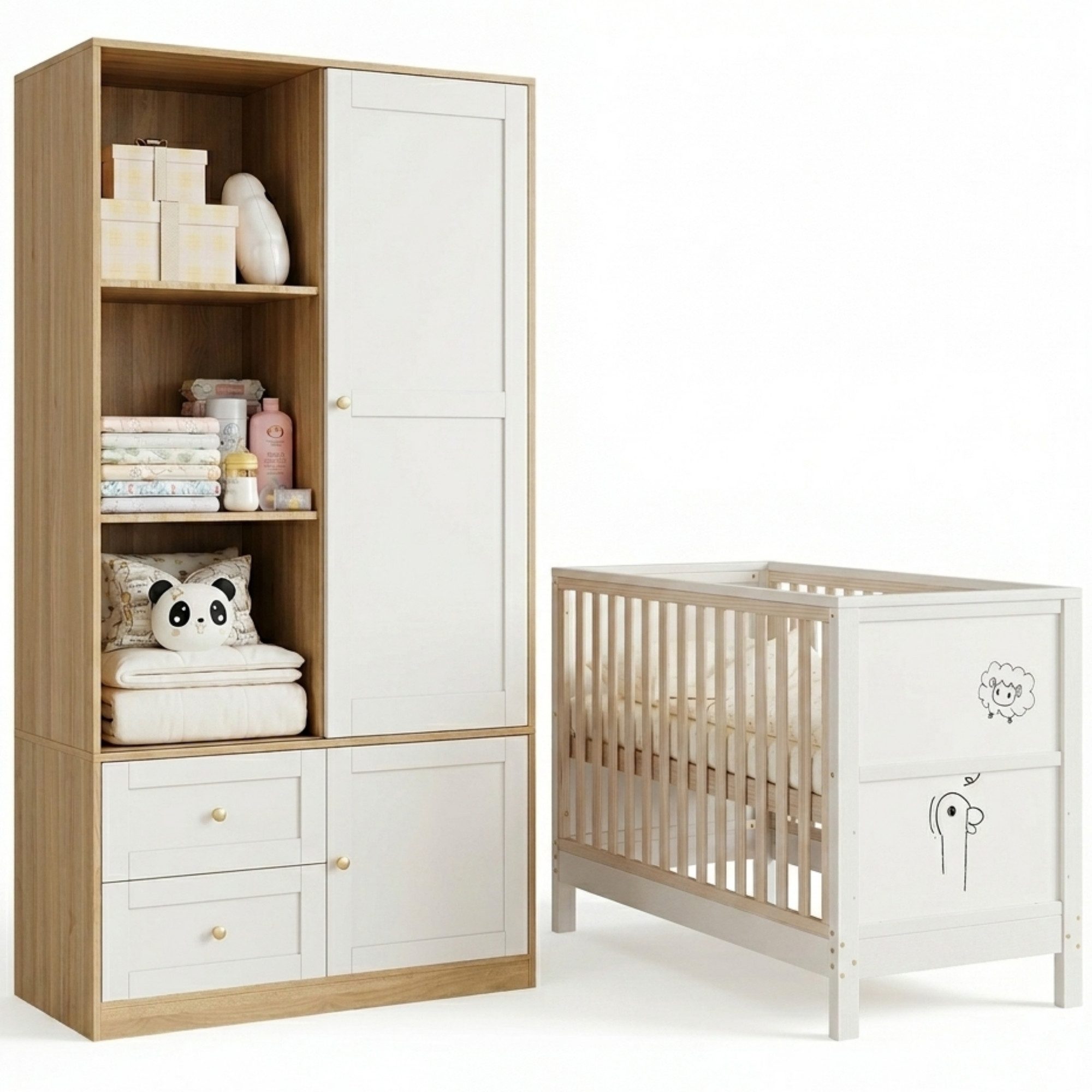 MIBODE Babymöbel-Set Gitterbett & Kleiderschrank Set aus Massivholz, Natur