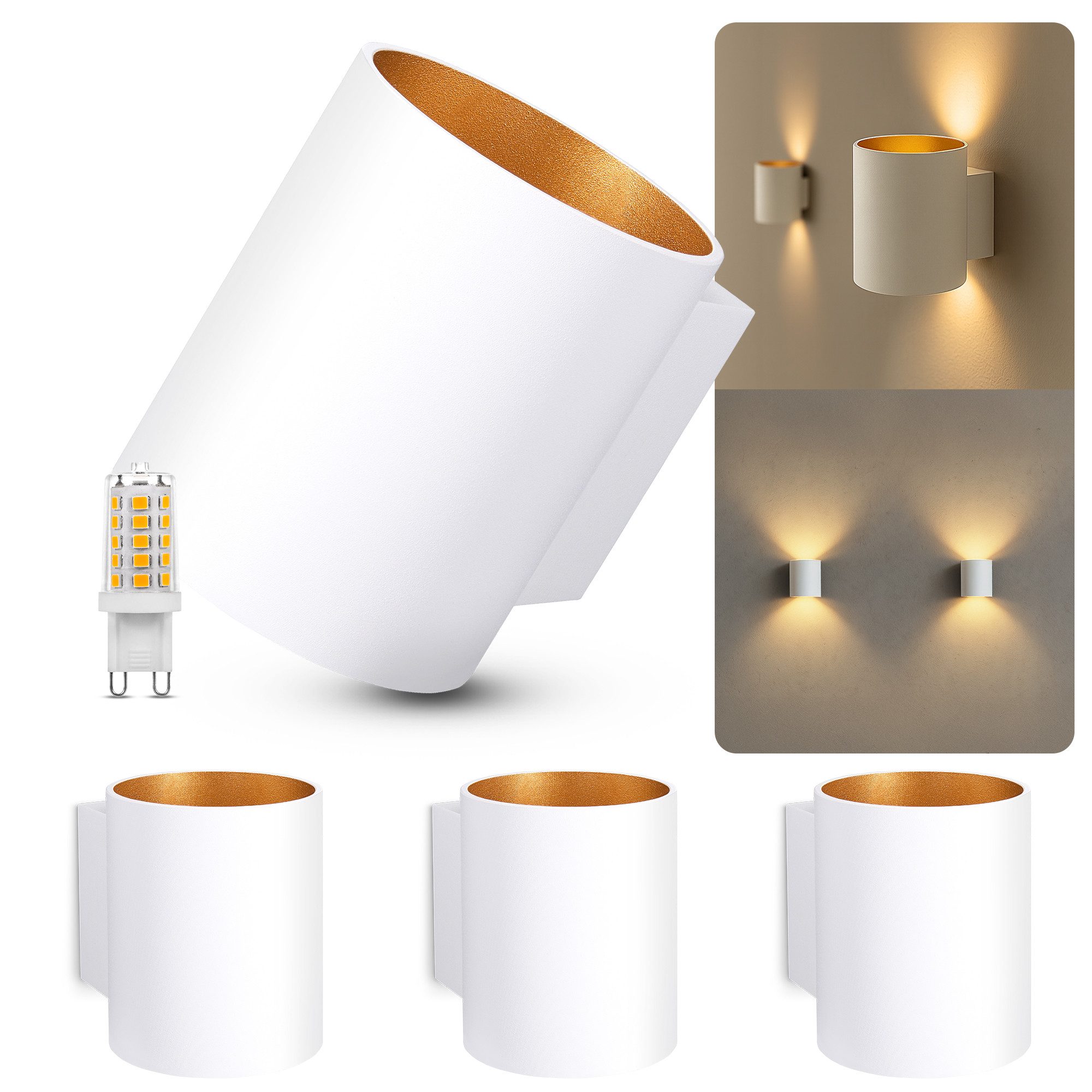 SSC-LUXon LED Wandleuchte TUANI Wandlampe weiß gold Up & Down mit G9 LED 3W warmweiß, Warmweiß