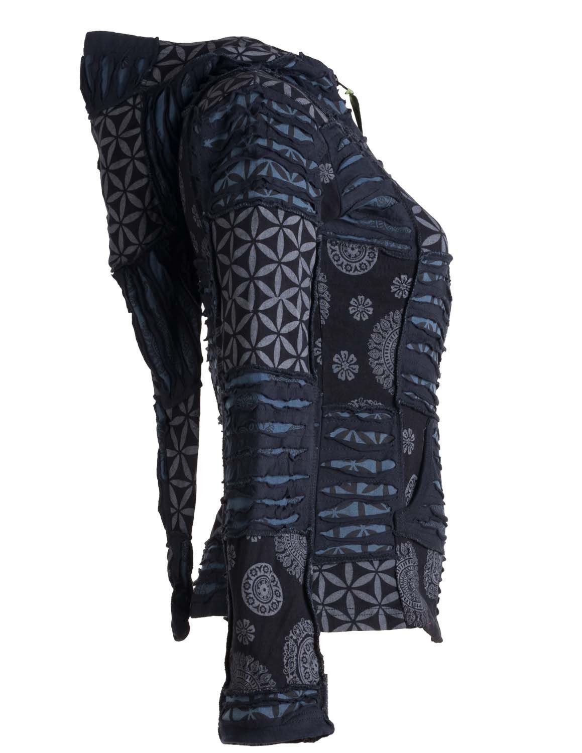 Vishes Kapuzensweatjacke Patchwork und Cutwork Elfenjacke mit Zipfelkapuze Boho, Hoodie, Hippie Goa Style