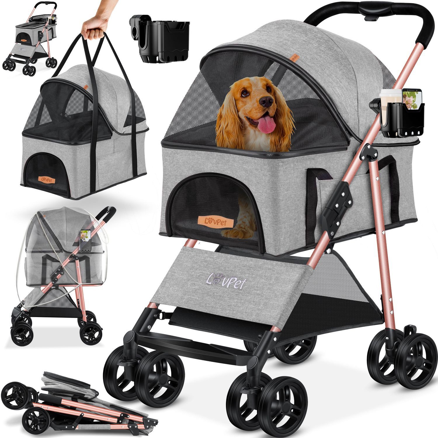 Lovpet Hundebuggy 2in1 Hundewagen max. bis 20kg Buggy für Haustiere, (Hundebox & Tasche mit Regenschutzabdeckung Getränkehalter Kuscheldecke), Haustier- & Katzenbuggy faltbar & klappbar mit Netzfenster