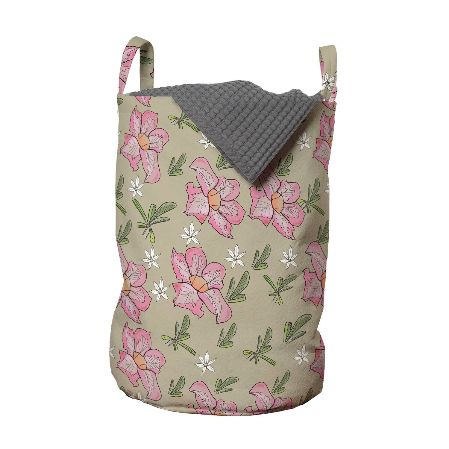 Abakuhaus Wäschesäckchen Wäschekorb mit Griffen Kordelzugverschluss für Waschsalons, Blumen Tropische rosa Blumen-Kunst