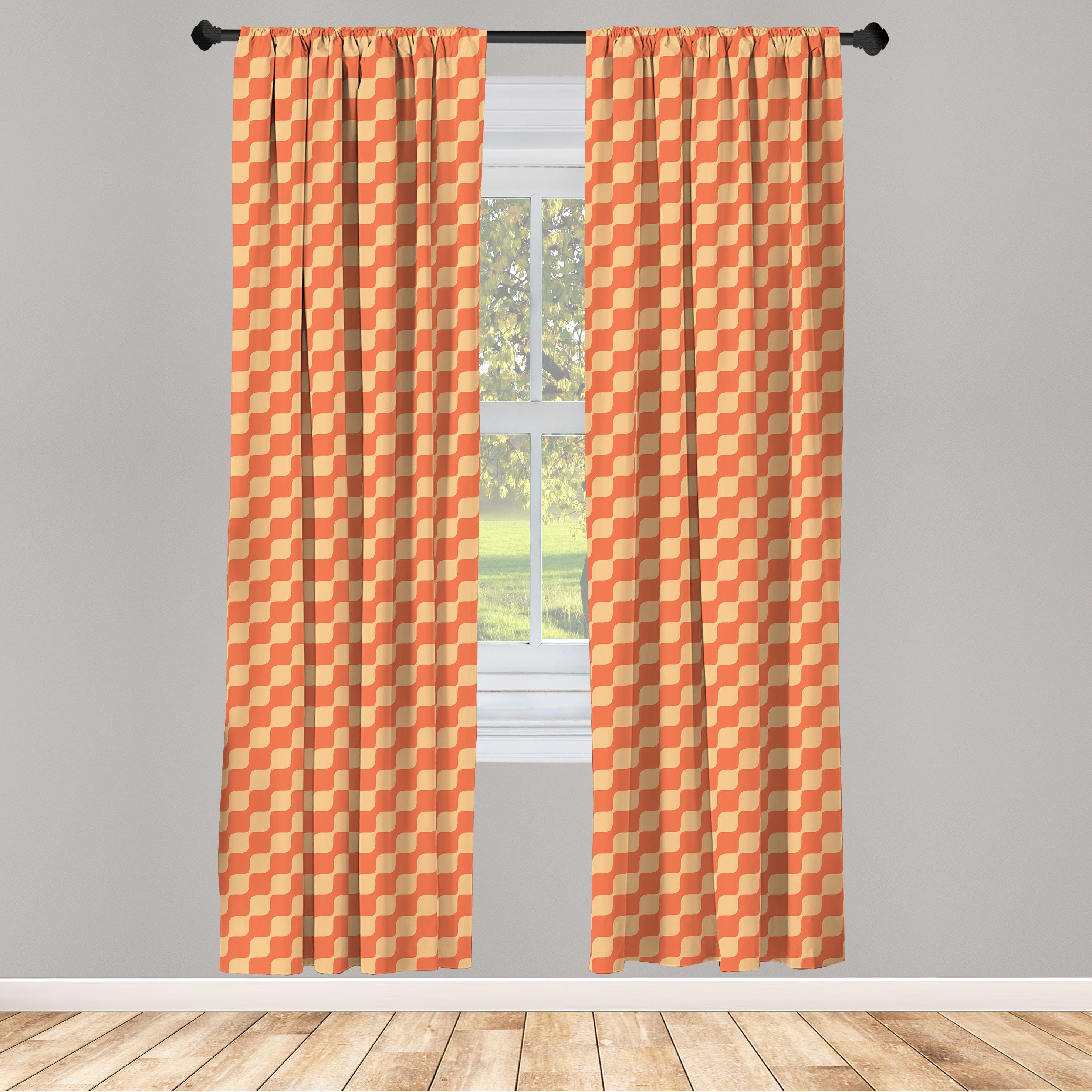 Gardine Vorhang für Wohnzimmer Schlafzimmer Dekor, Abakuhaus, Microfaser, Orange Gewellte Linien im Retro-Stil