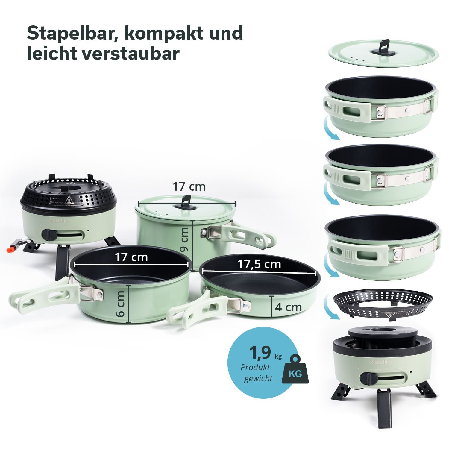 Skandika Gaskocher Campingkocher Rask, mit Geschirr, Topf und Pfanne, Piezozündung, (gepolsterten Netzbeutel, Kocher mit einklappbaren Füßen), Camping Kocher Hybrid, 2 in 1 Betrieb mit Strom oder Gas